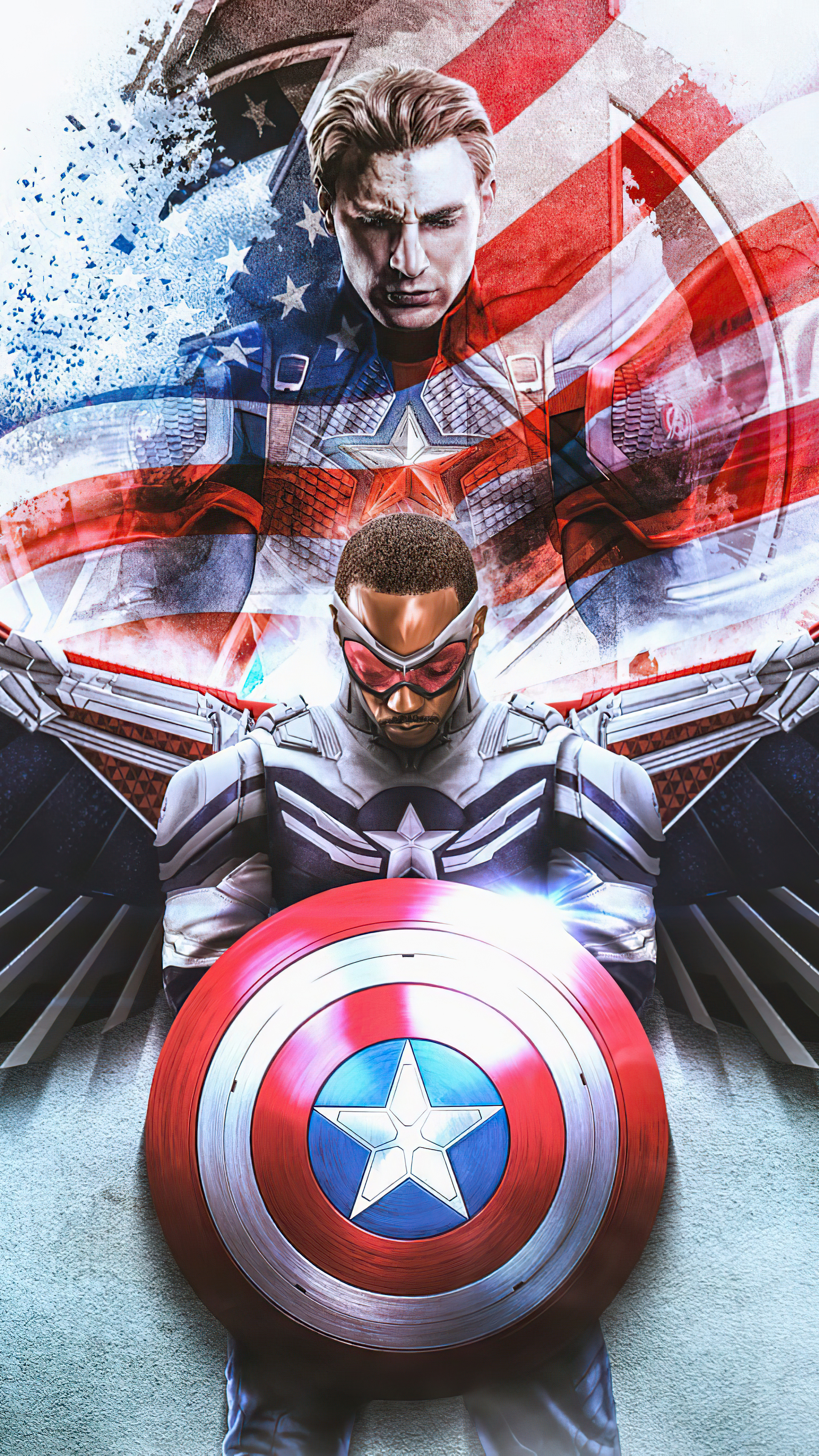 Download mobile wallpaper Captain America, Chris Evans, Tv Show, Superhero, Falcon (Marvel Comics), Steve Rogers, Anthony Mackie, Sam Wilson, The Falcon And The Winter Soldier for free.