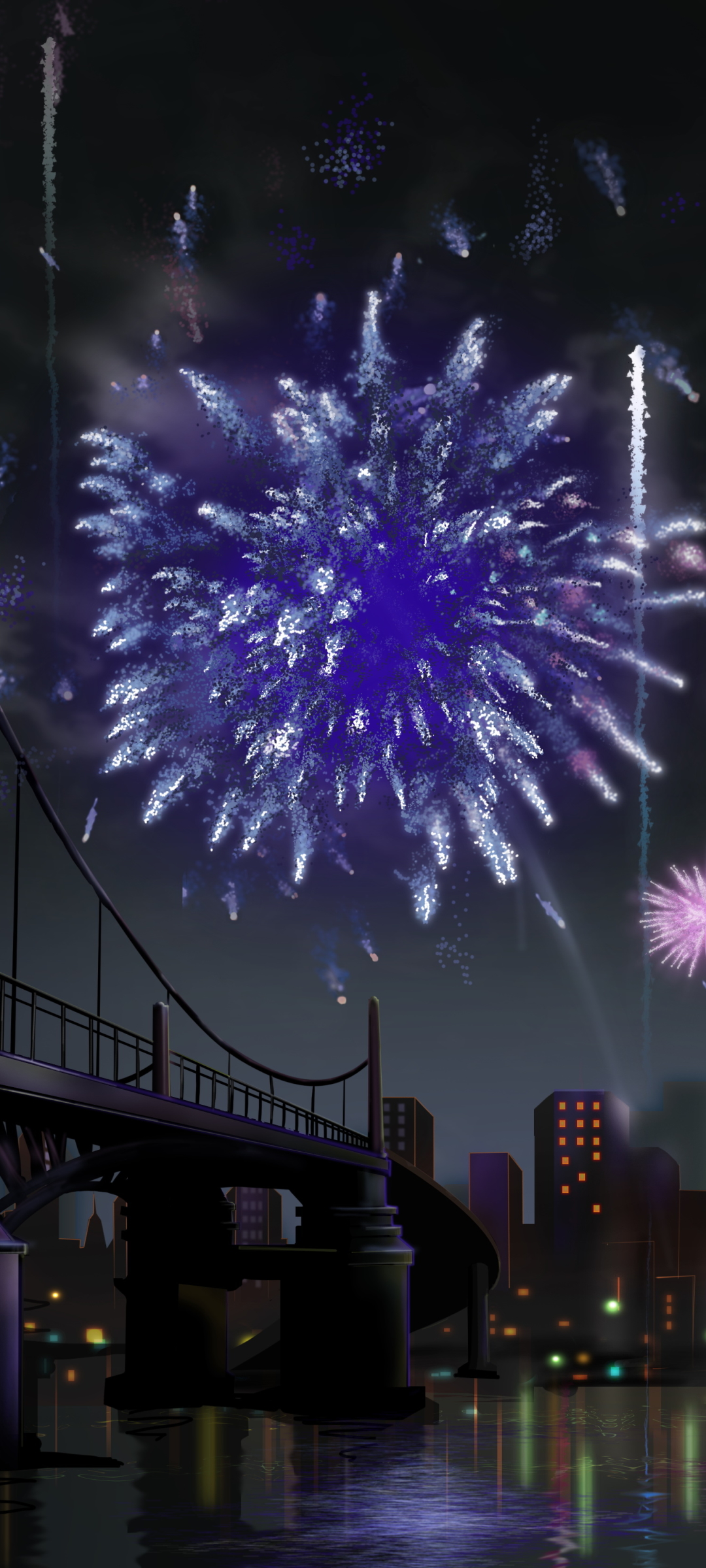 Download mobile wallpaper City, Building, Artistic, Fireworks for free.