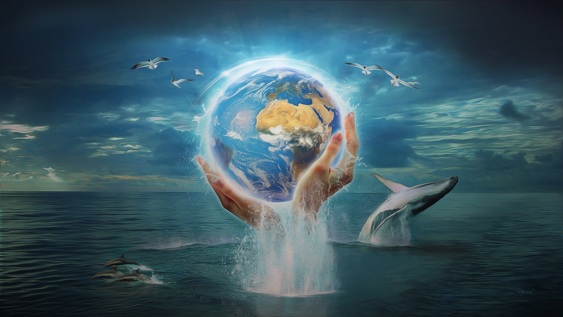 Free download wallpaper Magic, Fantasy, Hand, Earth, Planet, Artistic, Whale on your PC desktop