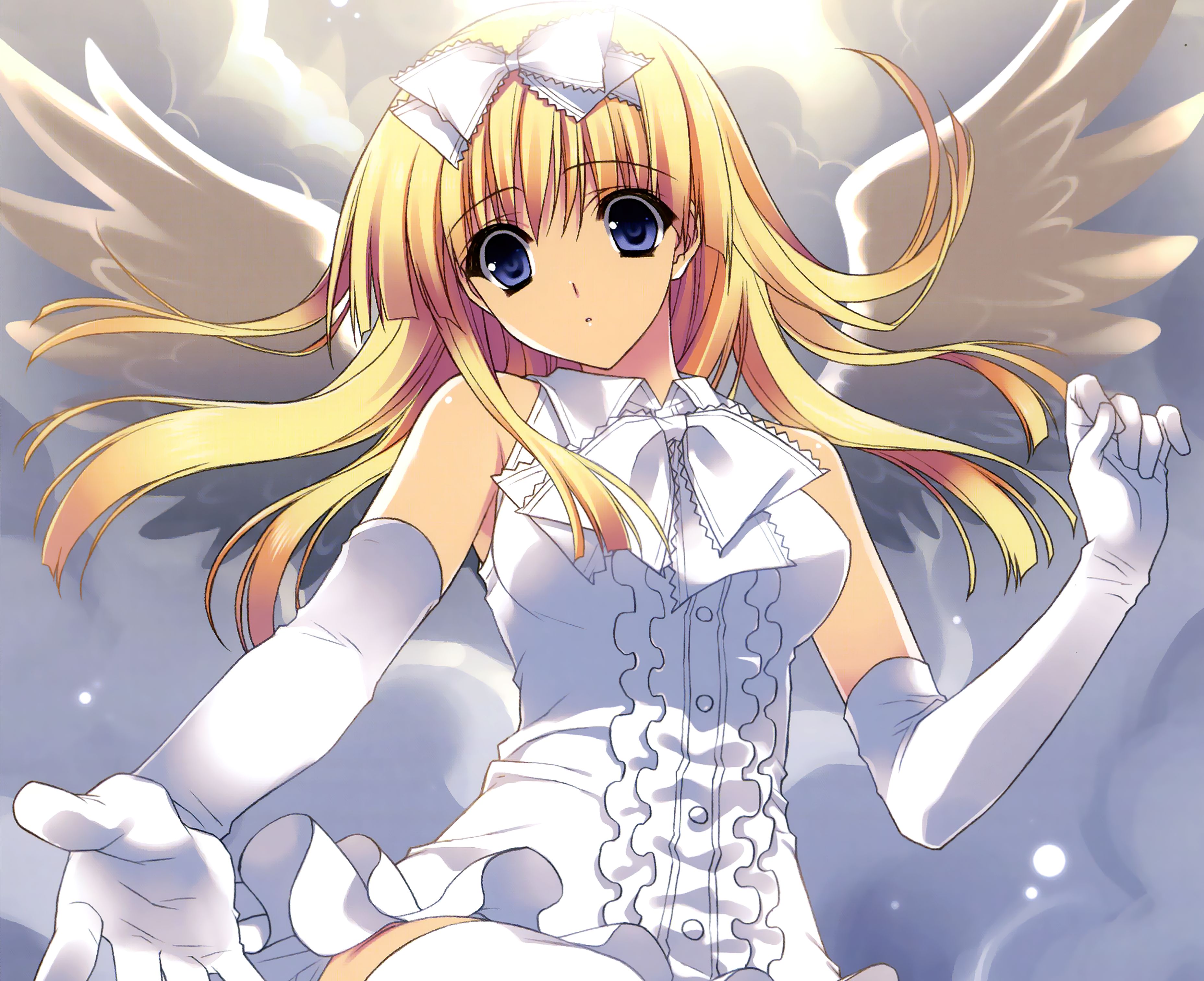 Download mobile wallpaper Anime, Wings, Angel, Blonde, Glove, Ribbon, Blue Eyes, Long Hair for free.