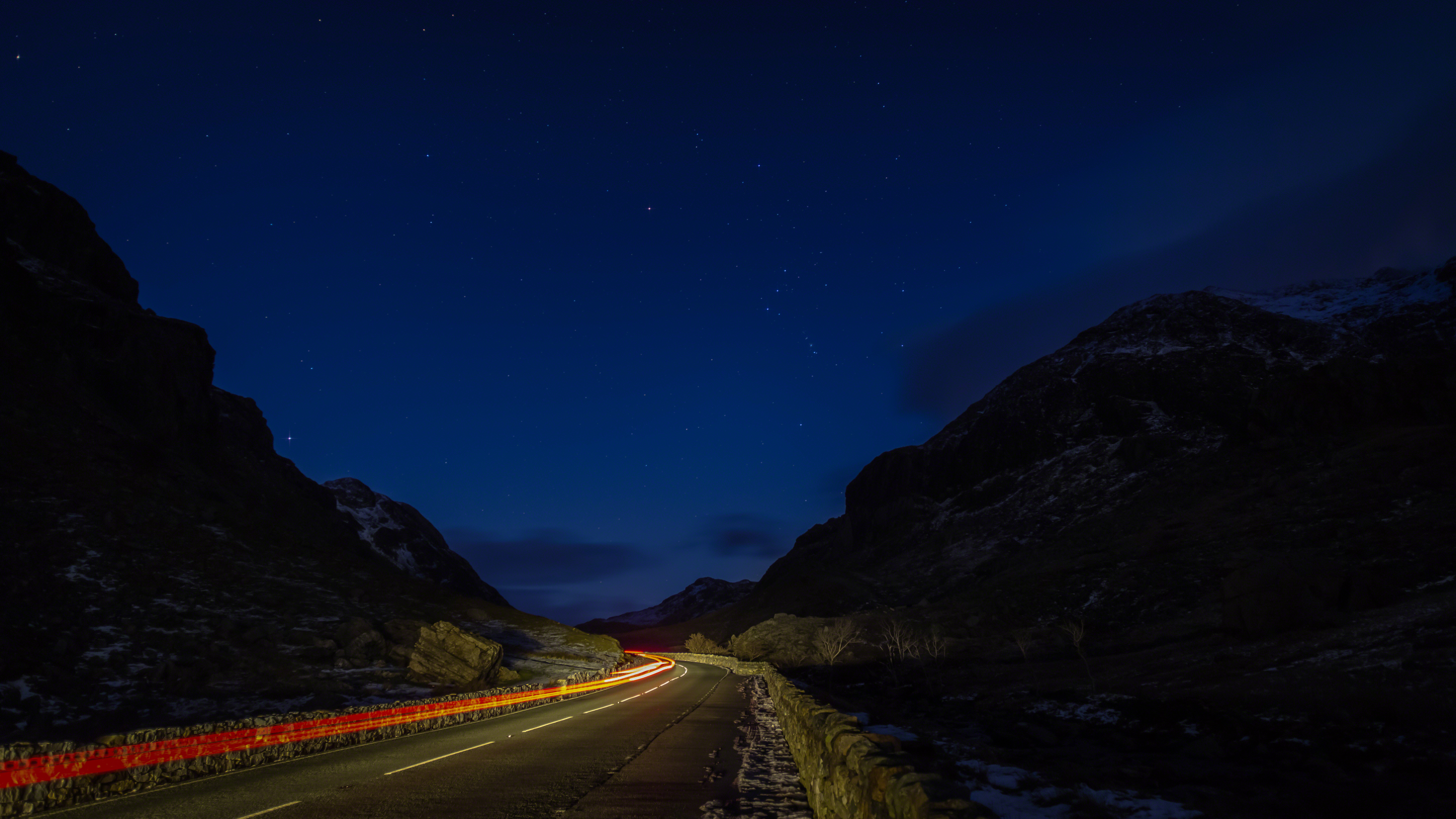 Download mobile wallpaper Stars, Night, Road, Man Made, Snowdonia for free.