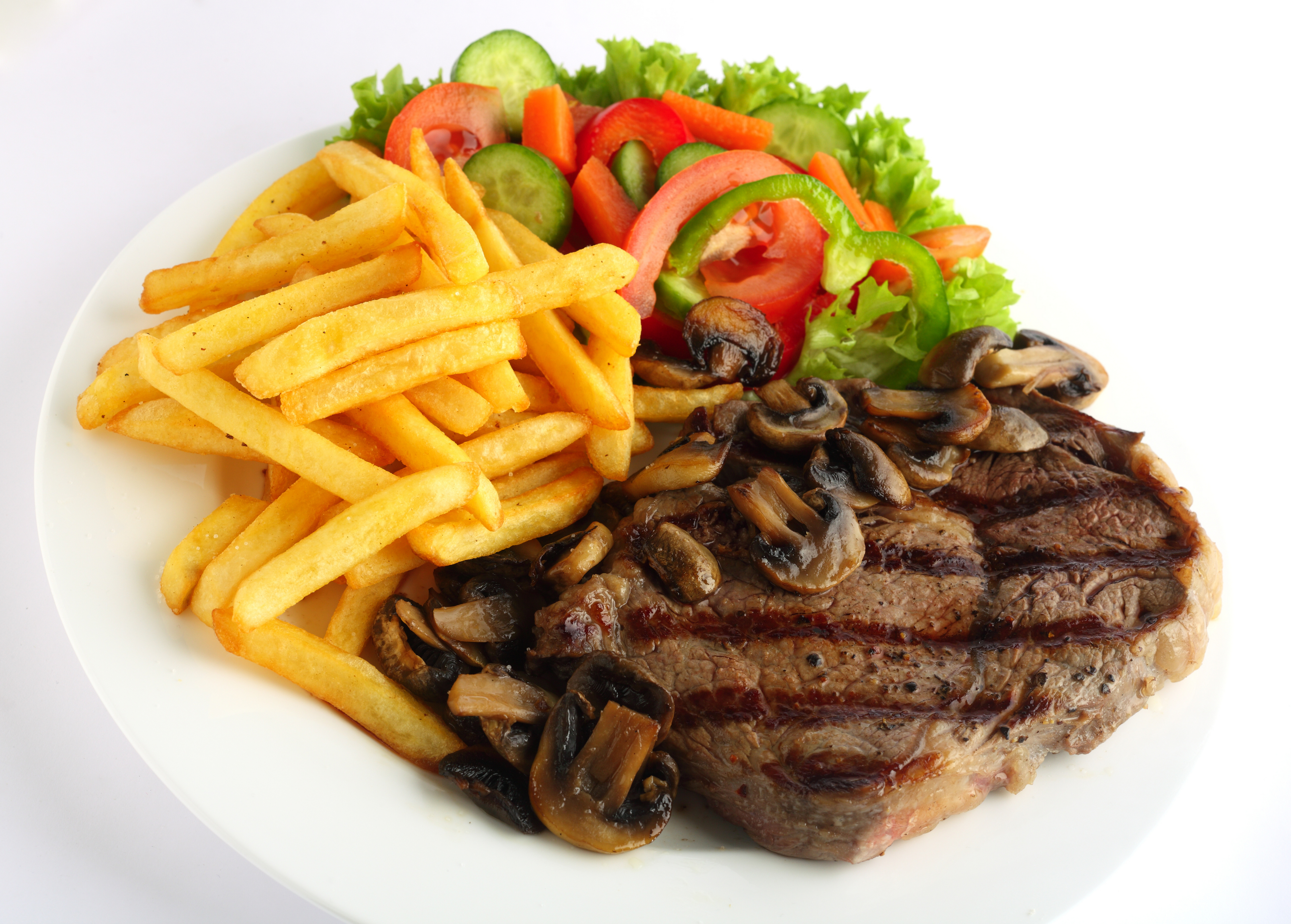 Download mobile wallpaper Food, Meat, Mushroom, Meal, Vegetable, French Fries for free.