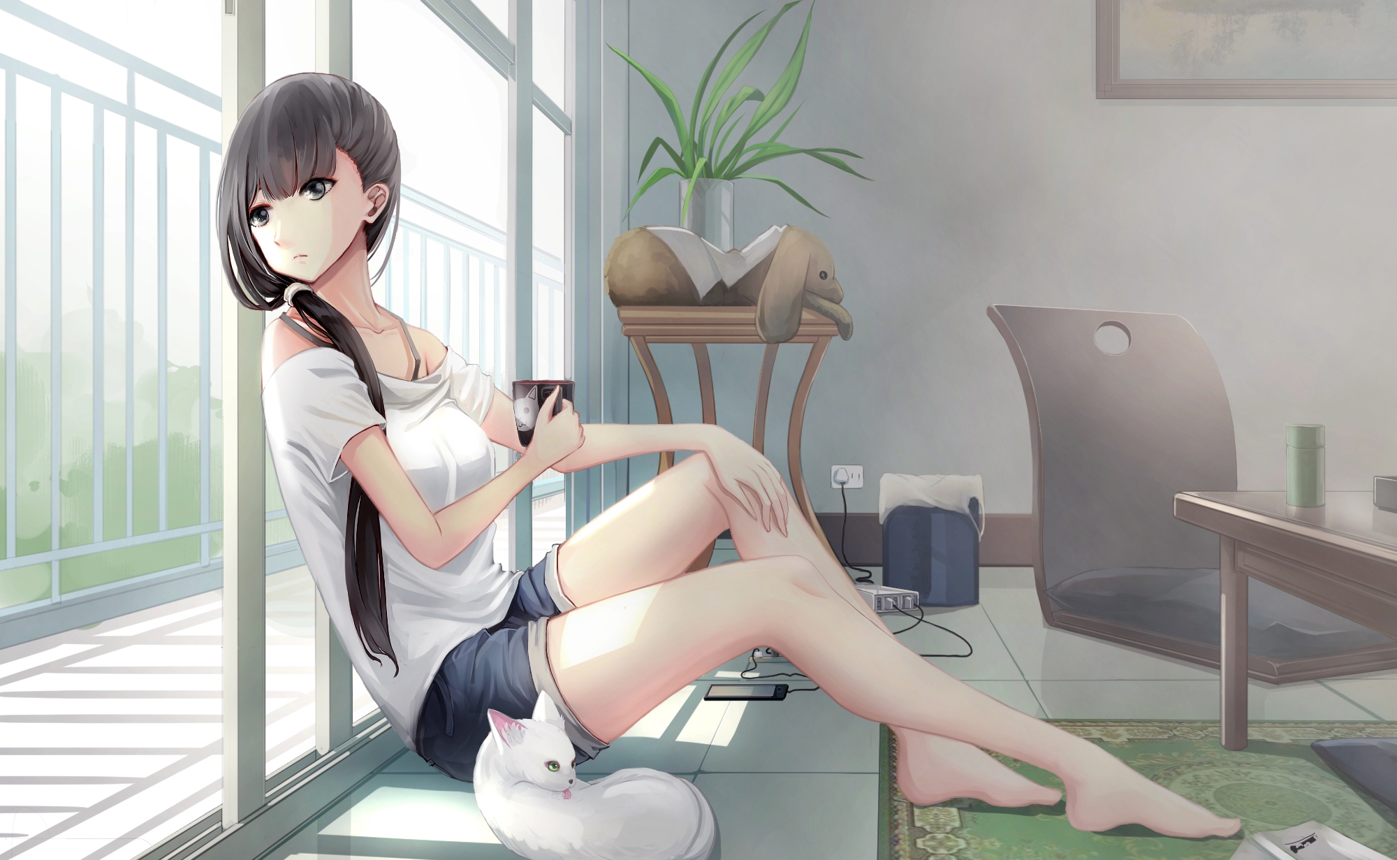 Free download wallpaper Anime, Coffee, Cat, Room, Original on your PC desktop