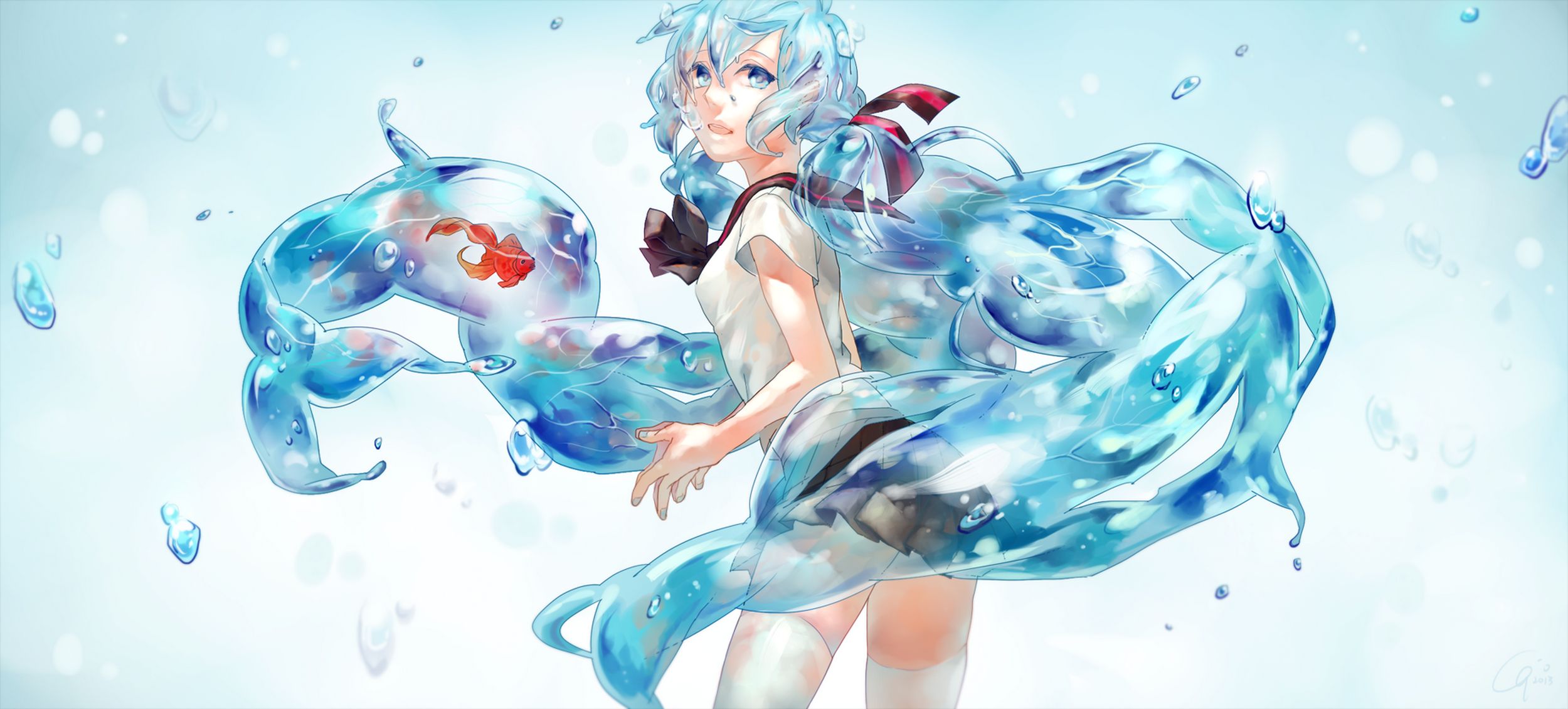 Descarga gratuita de fondo de pantalla para móvil de Agua, Vocaloid, Ojos Azules, Burbuja, Animado, Pelo Azul, Hatsune Miku, Pez.
