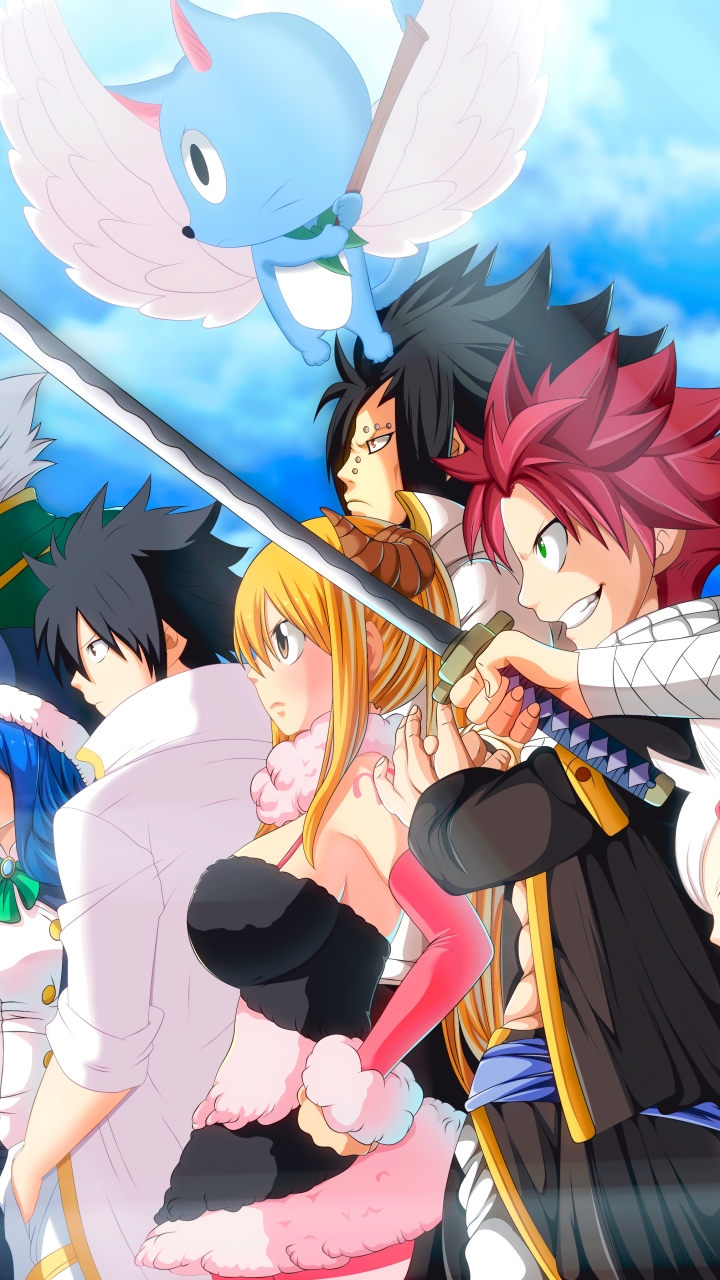 Download mobile wallpaper Anime, Fairy Tail, Lucy Heartfilia, Natsu Dragneel, Gray Fullbuster, Happy (Fairy Tail), Gajeel Redfox for free.