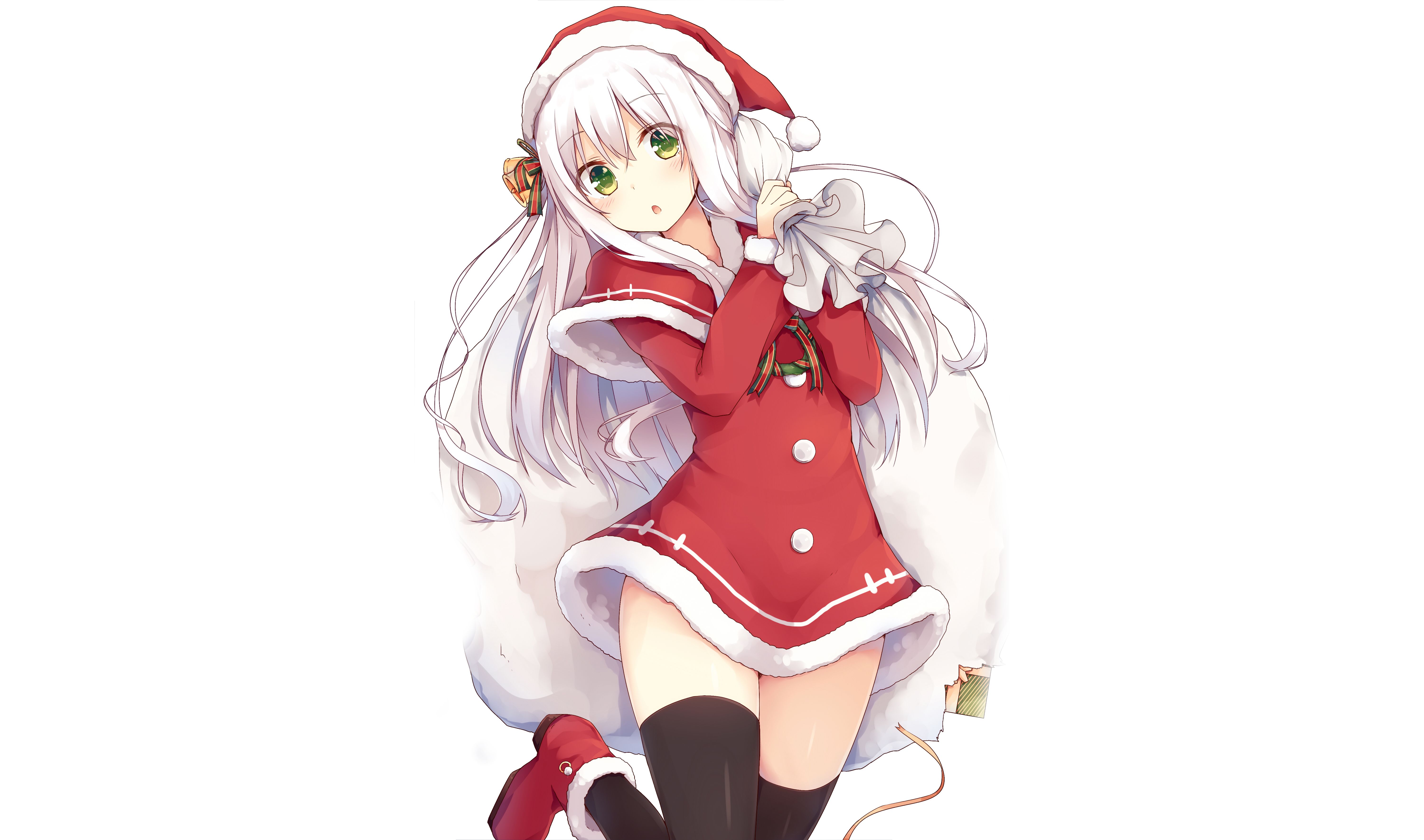 Baixar papel de parede para celular de Anime, Natal, Olhos Verdes, Cabelo Longo, Cabelo Branco, Gorro Do Papai Noel gratuito.
