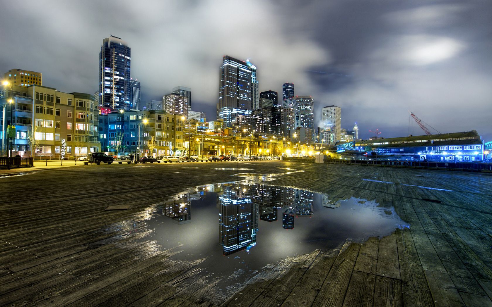 united states, cities, usa, city, lights, reflection, morning, hdr, puddle, planks, board, seattle, grey sky, grey skies