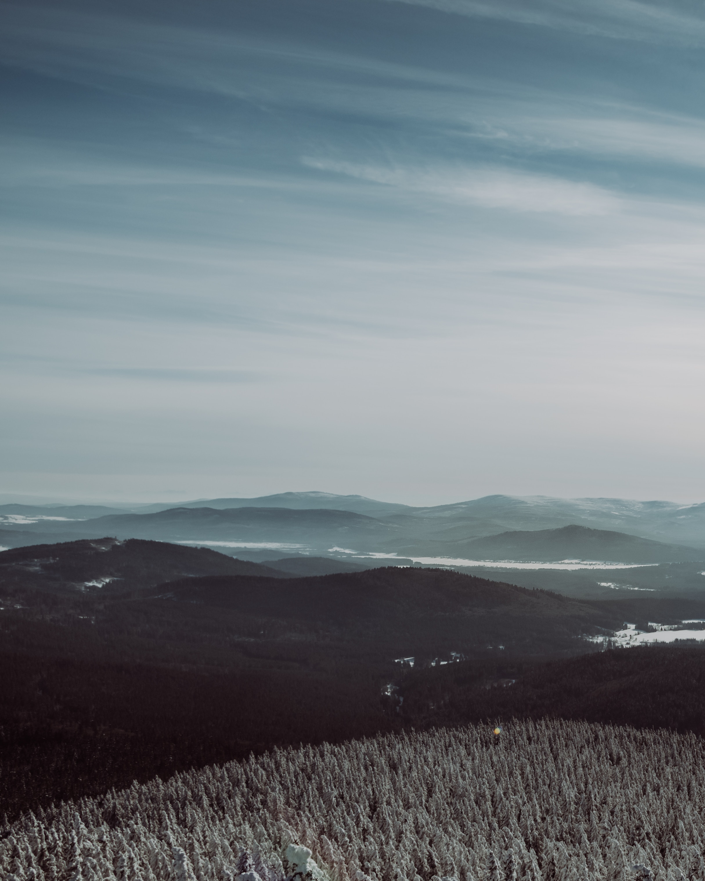 Download mobile wallpaper Dahl, Distance, Sky, Trees, Mountains, Fog, Horizon, Nature for free.
