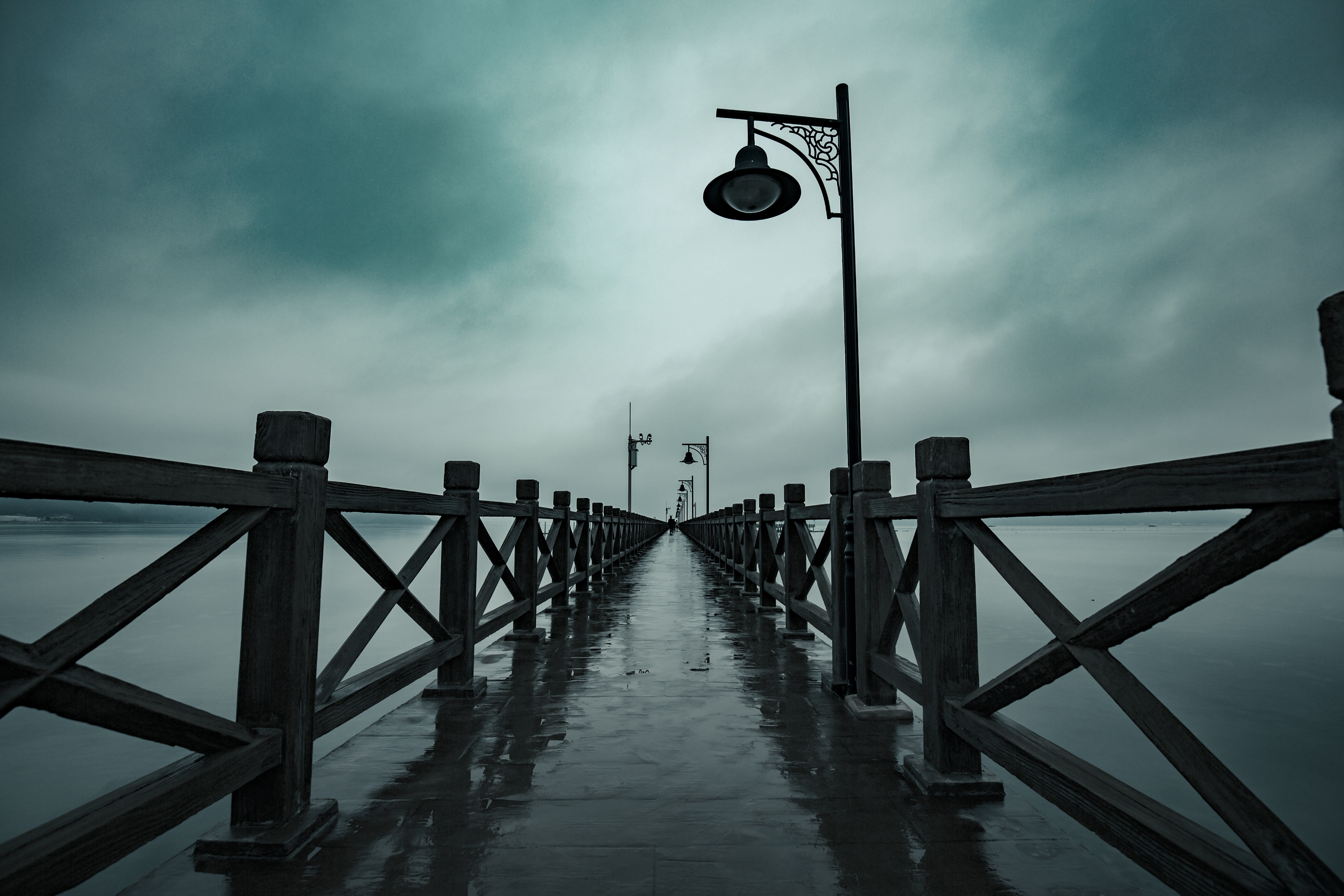 pier, lanterns, nature, lights, fog, moisture, railings, handrail HD wallpaper