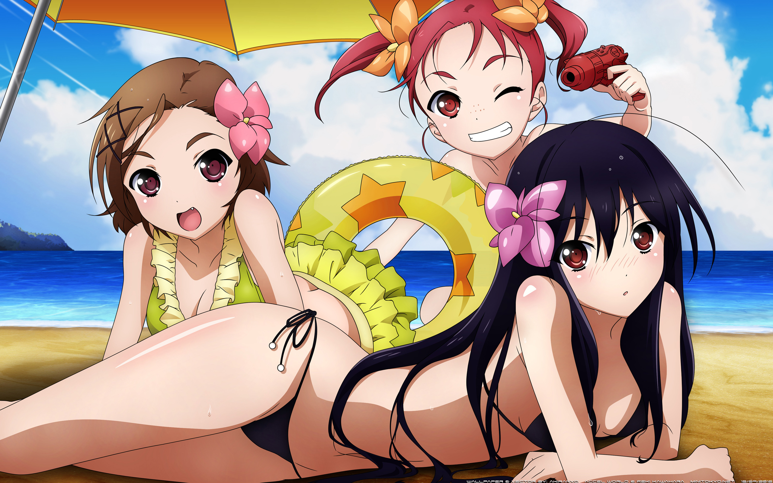 Download mobile wallpaper Anime, Beach, Bikini, Lying Down, Kuroyukihime (Accel World), Accel World, Chiyuri Kurashima, Yuniko Kouzuki for free.
