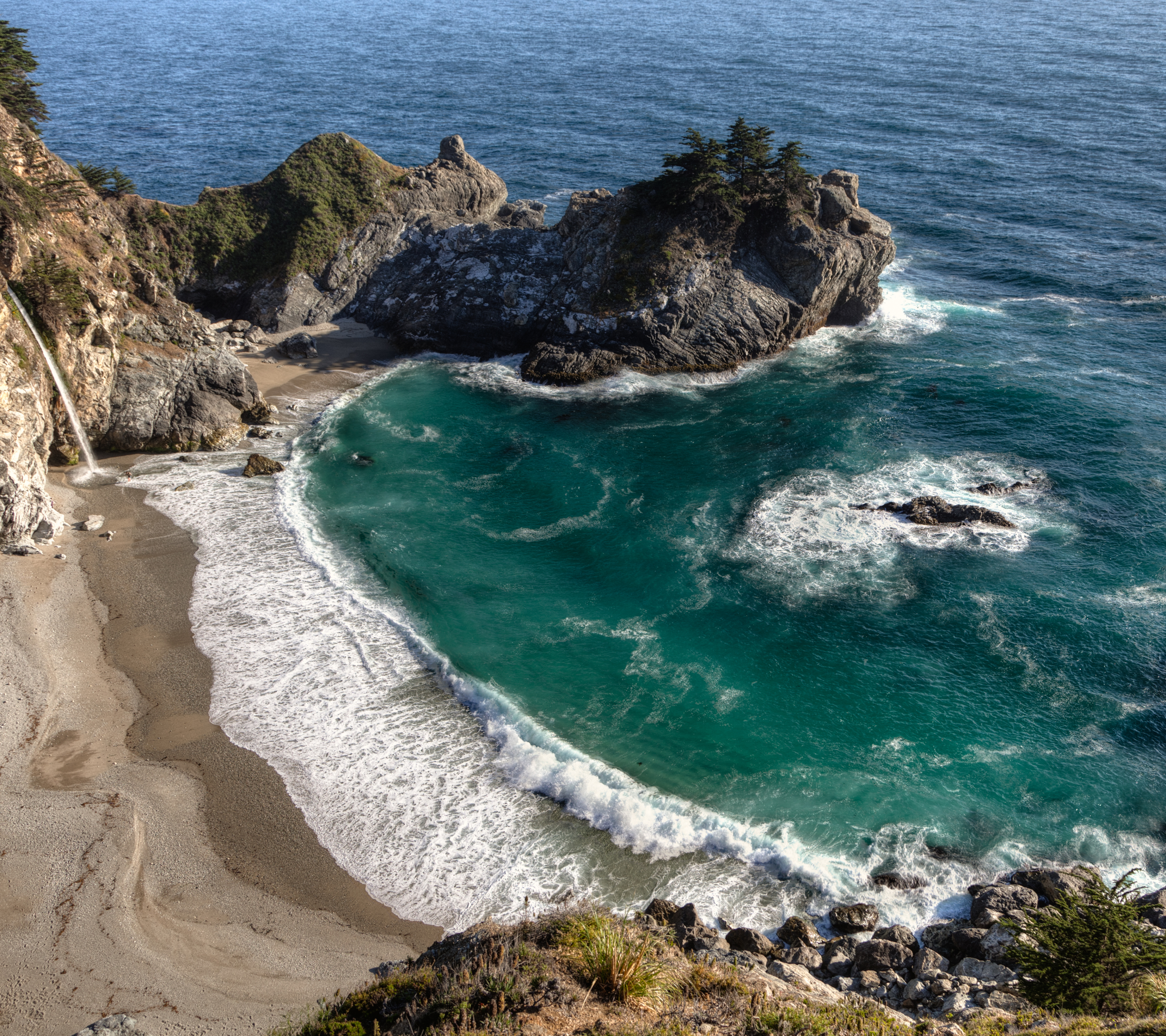 Download mobile wallpaper Sea, Waterfall, Earth, California, Big Sur, Mcway Falls, Seashore for free.