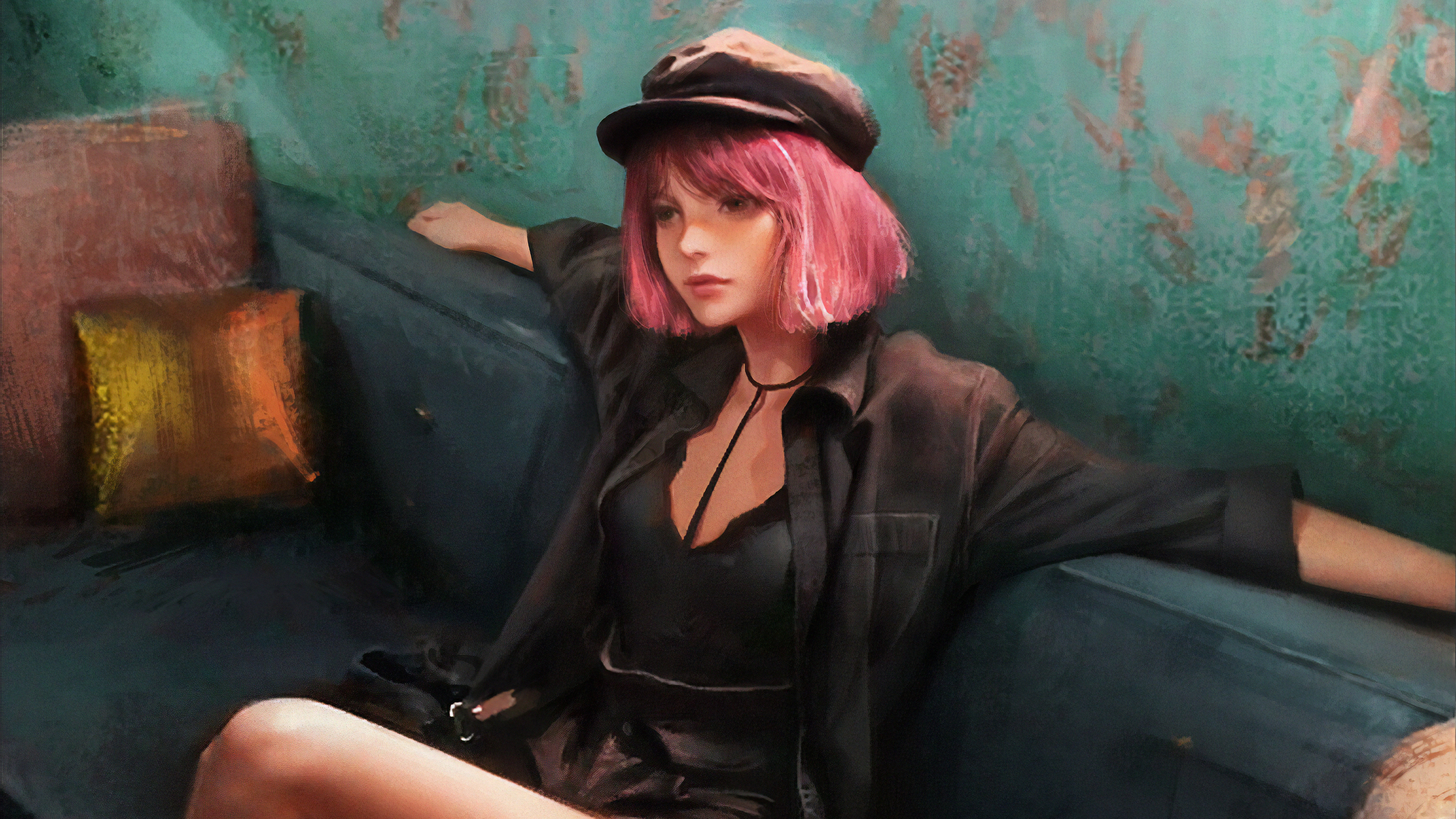 Free download wallpaper Cap, Painting, Artistic, Pink Hair on your PC desktop
