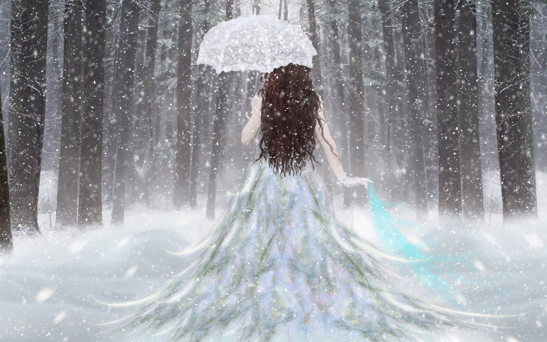 Download mobile wallpaper Winter, Fantasy, Snow, Forest, Umbrella, Brunette, Women, Snowfall, White Dress for free.