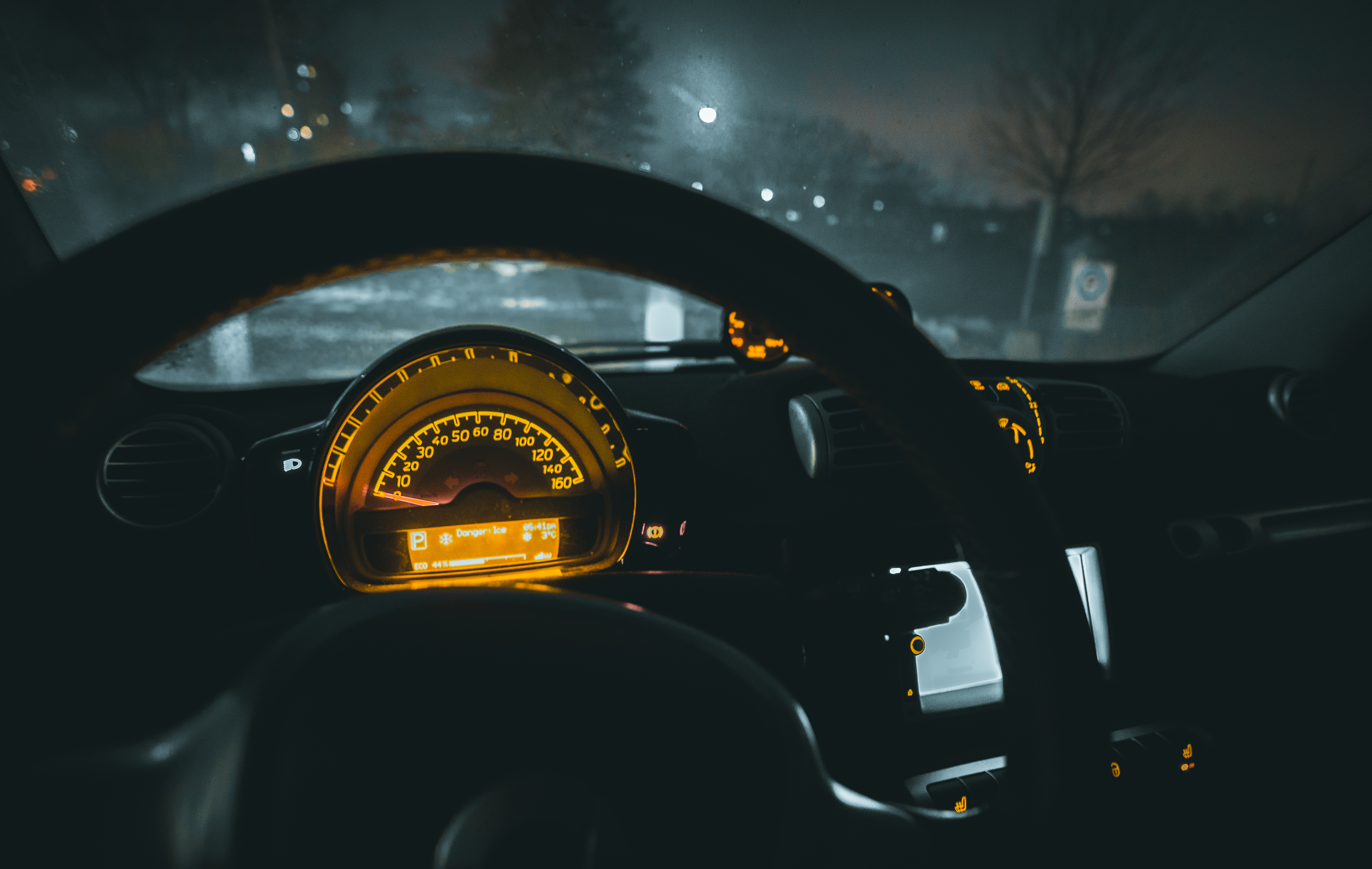 cars, night, car, steering wheel, rudder, speedometer