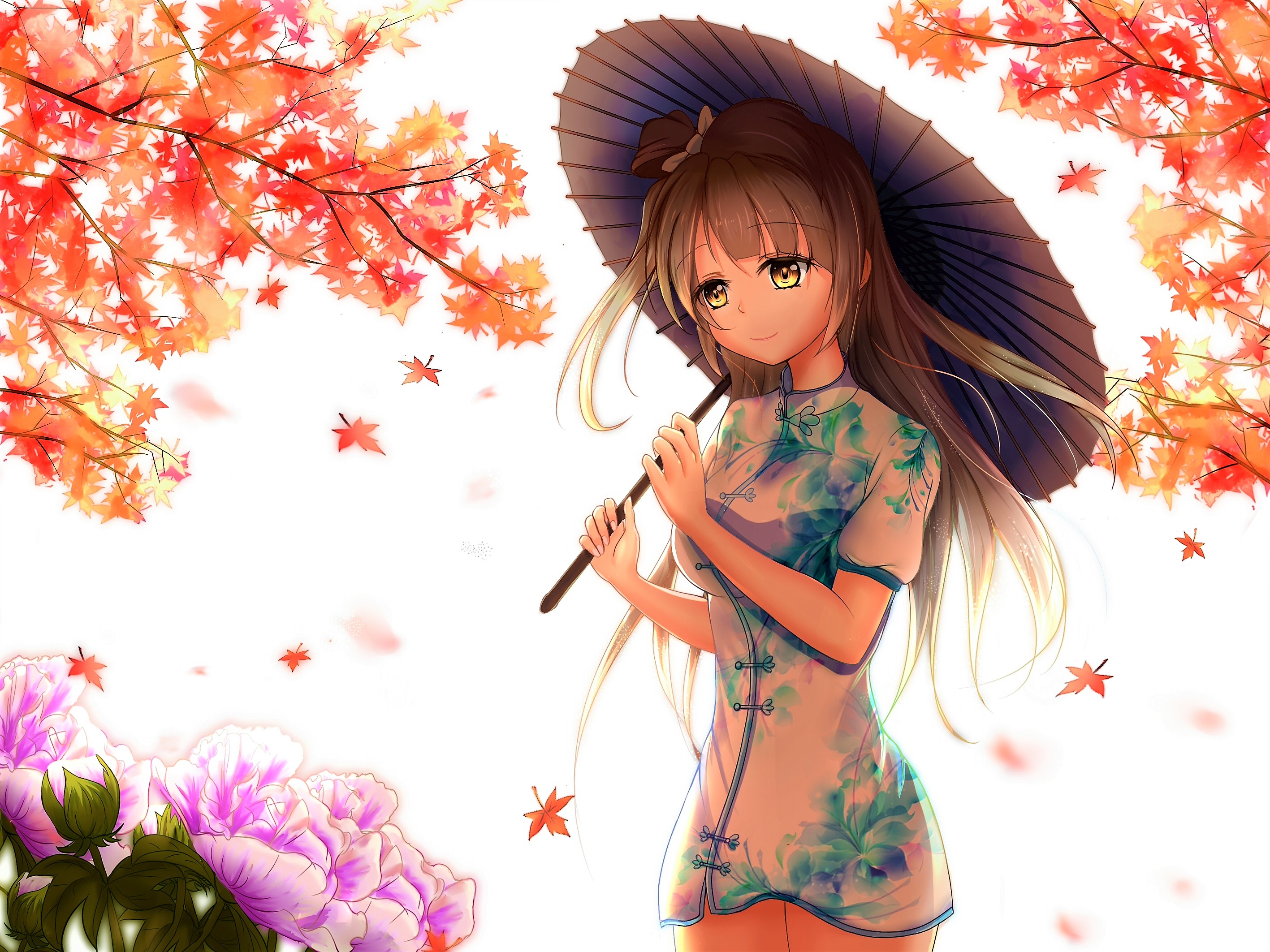 anime, love live!, fall, flower, kotori minami, parasol