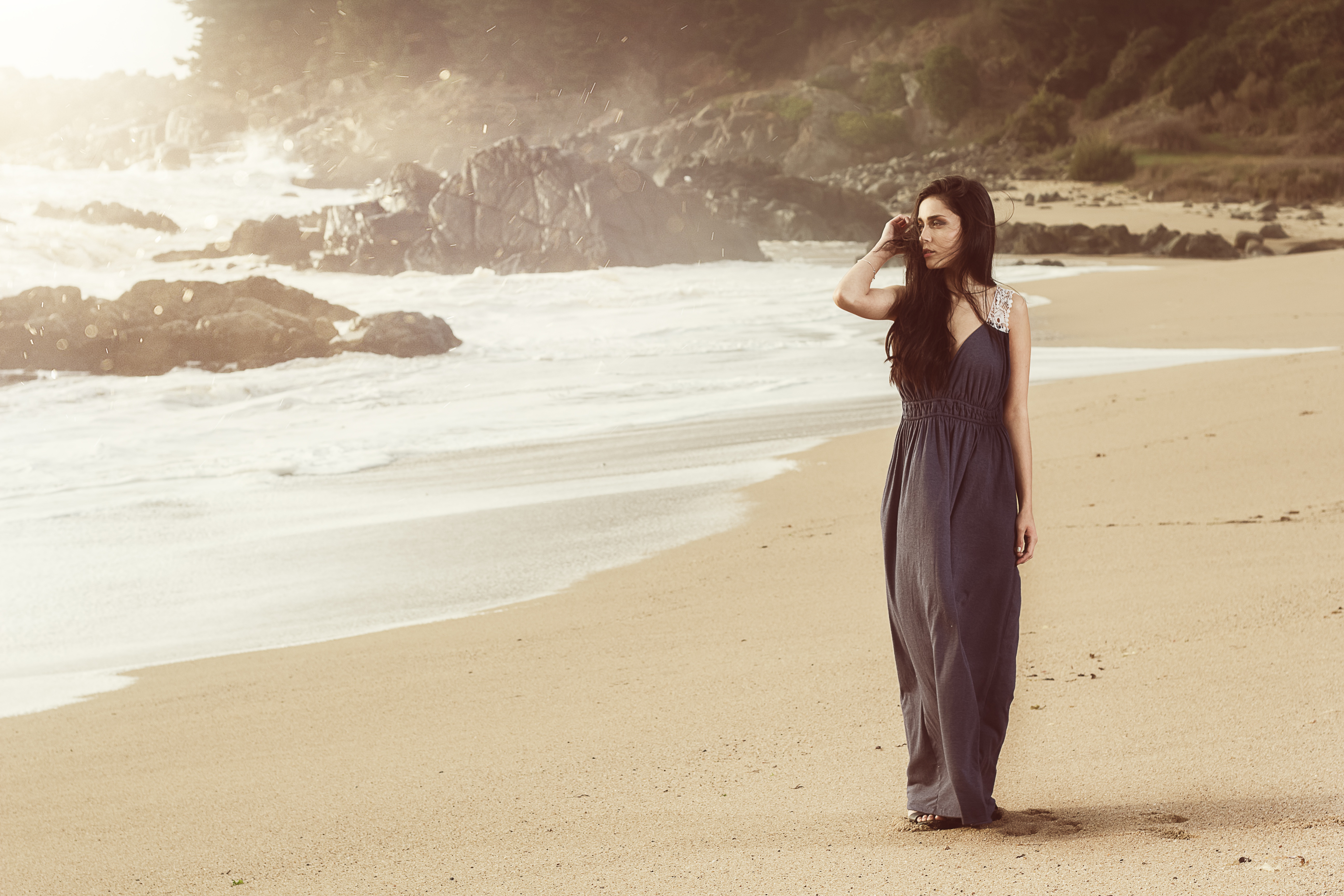 Download mobile wallpaper Beach, Sand, Mood, Dress, Brunette, Model, Women for free.