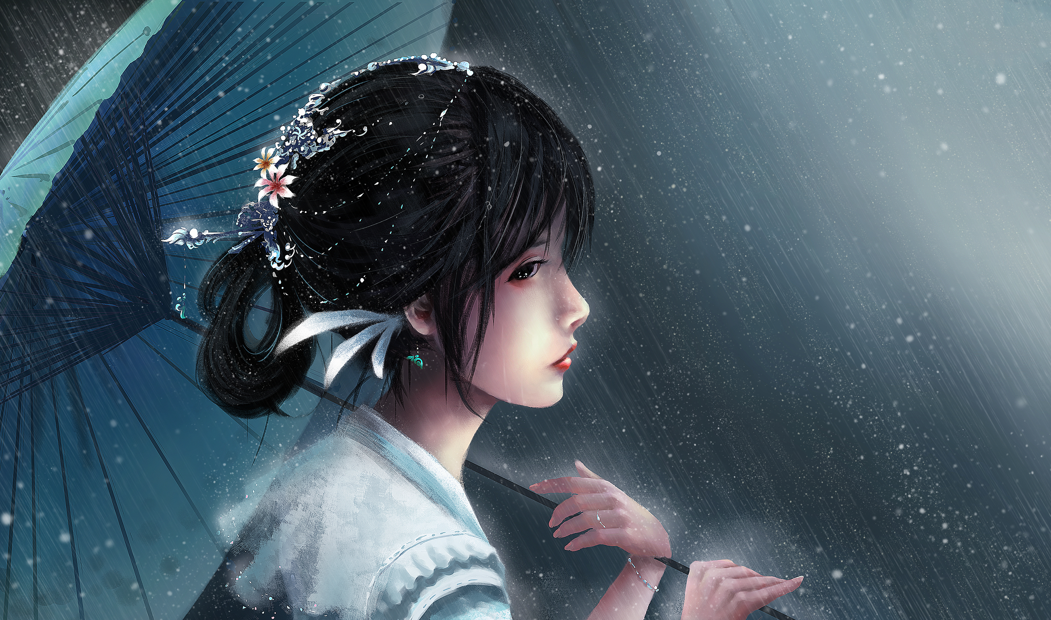 Laden Sie das Regen, Regenschirm, Original, Animes, Schwarzes Haar-Bild kostenlos auf Ihren PC-Desktop herunter