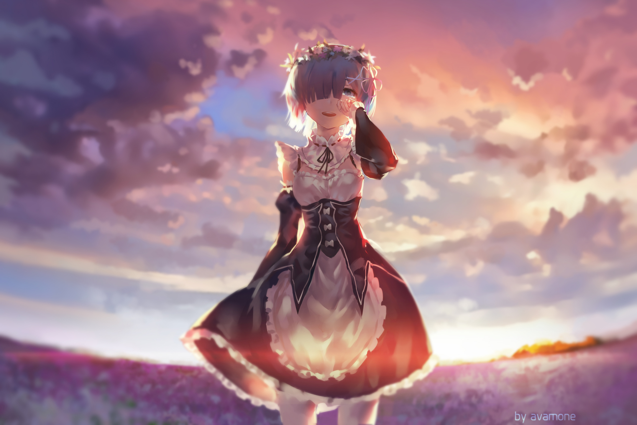Free download wallpaper Anime, Sunset, Dress, Blue Eyes, Tears, Maid, Headband, Blue Hair, Short Hair, Thigh Highs, Black Dress, Crying, Re:zero Starting Life In Another World, Rem (Re:zero) on your PC desktop