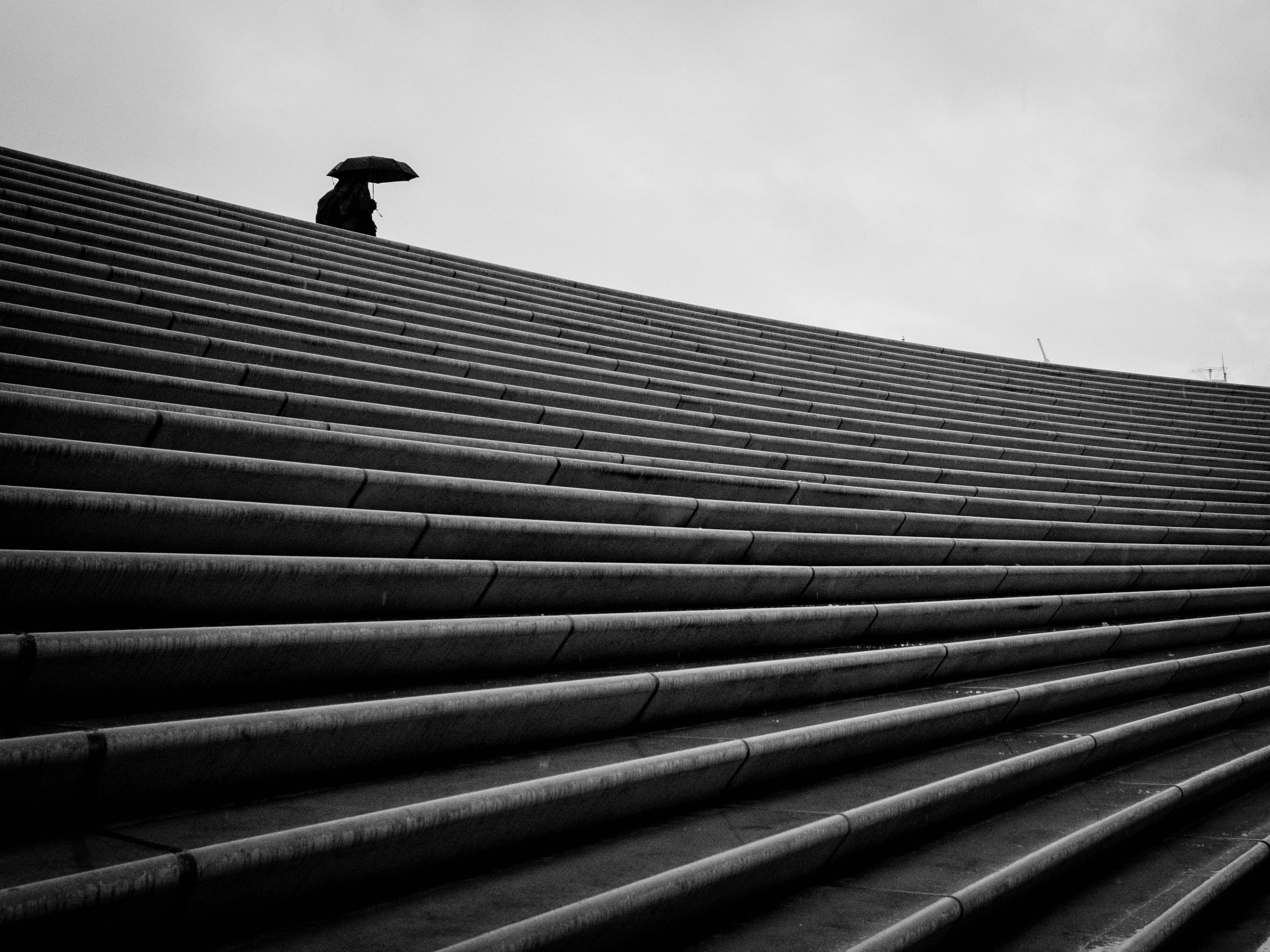 Download mobile wallpaper Ladder, Chb, Bw, Stairs, Loneliness, Umbrella, Minimalism for free.