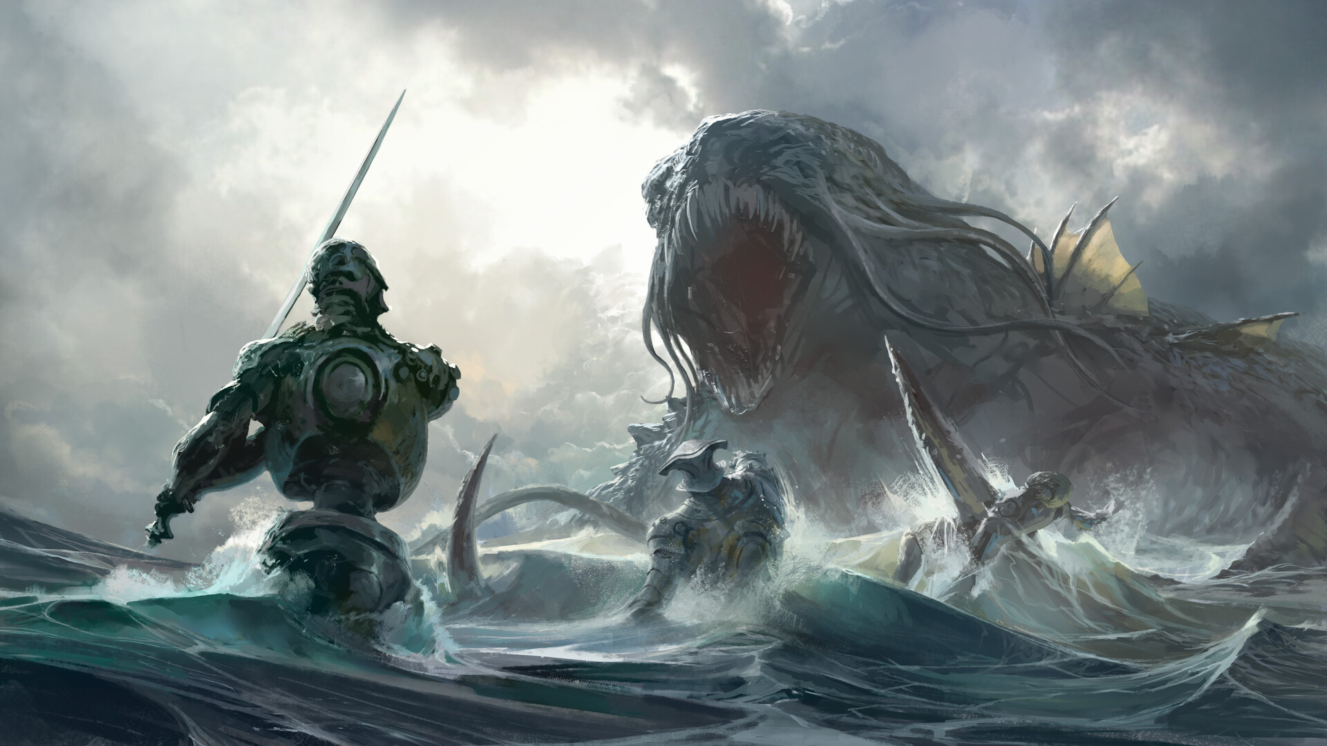 Download mobile wallpaper Fantasy, Robot, Creature, Battle, Sea Monster for free.