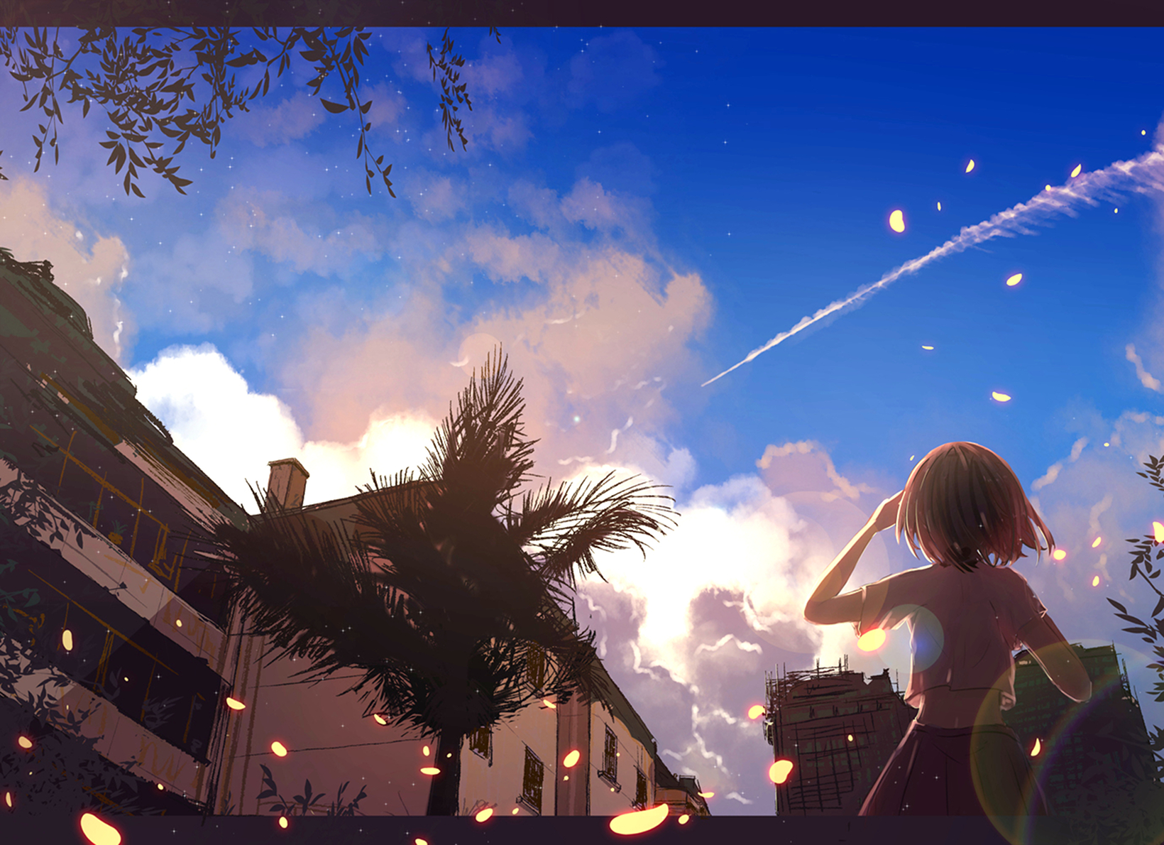 Download mobile wallpaper Anime, Sky, Tree, Cloud, Original, Short Hair for free.