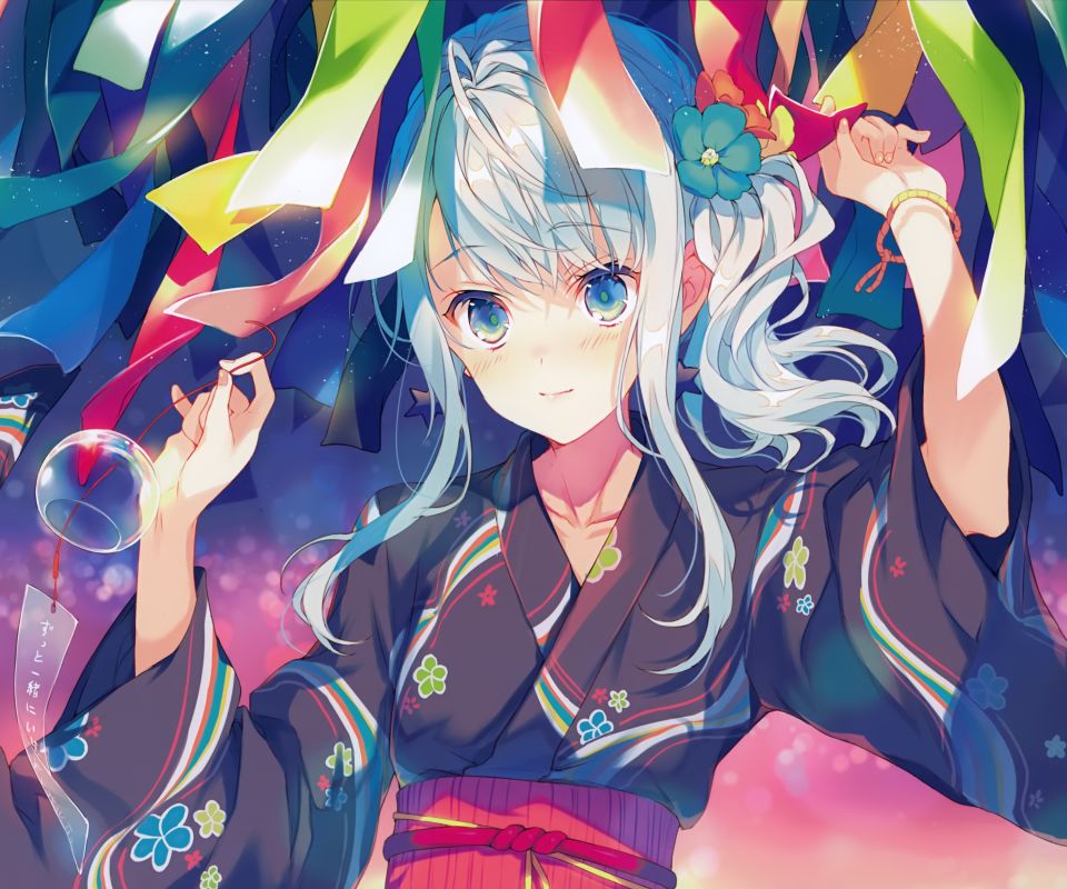 Download mobile wallpaper Anime, Colorful, Kimono, Original, Aqua Eyes, Aqua Hair for free.