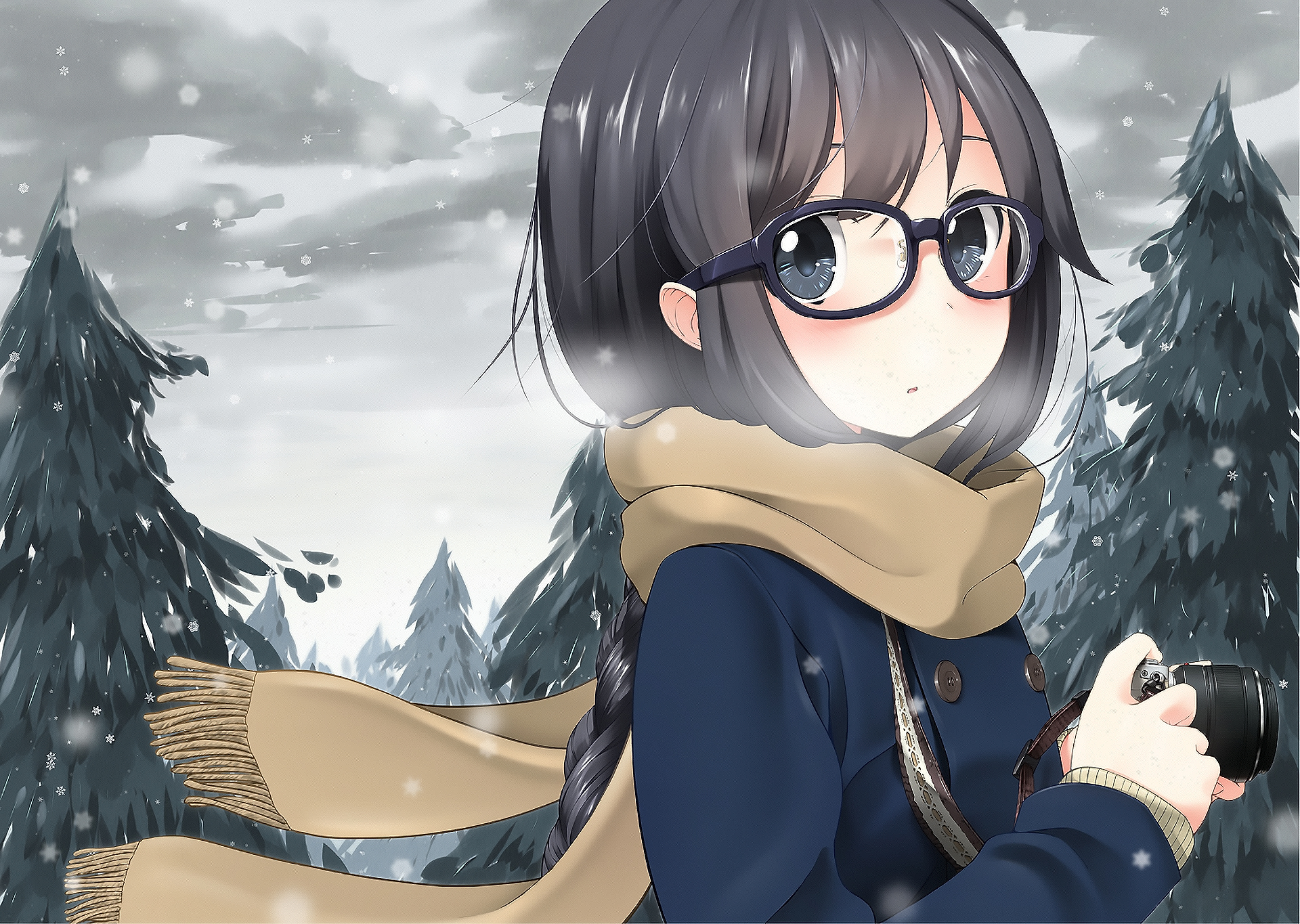 Free download wallpaper Anime, Snow, Tree, Glass, Camera, Scarf, Original on your PC desktop