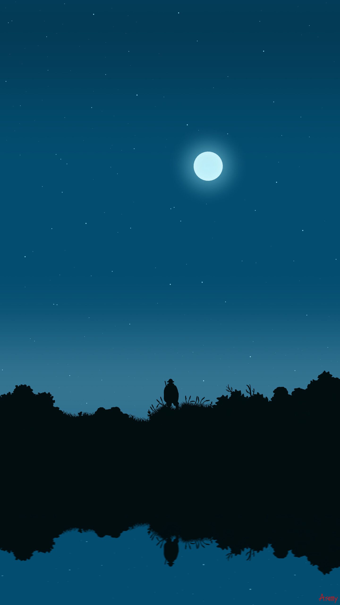 art, moon, fisherman, night, silhouette
