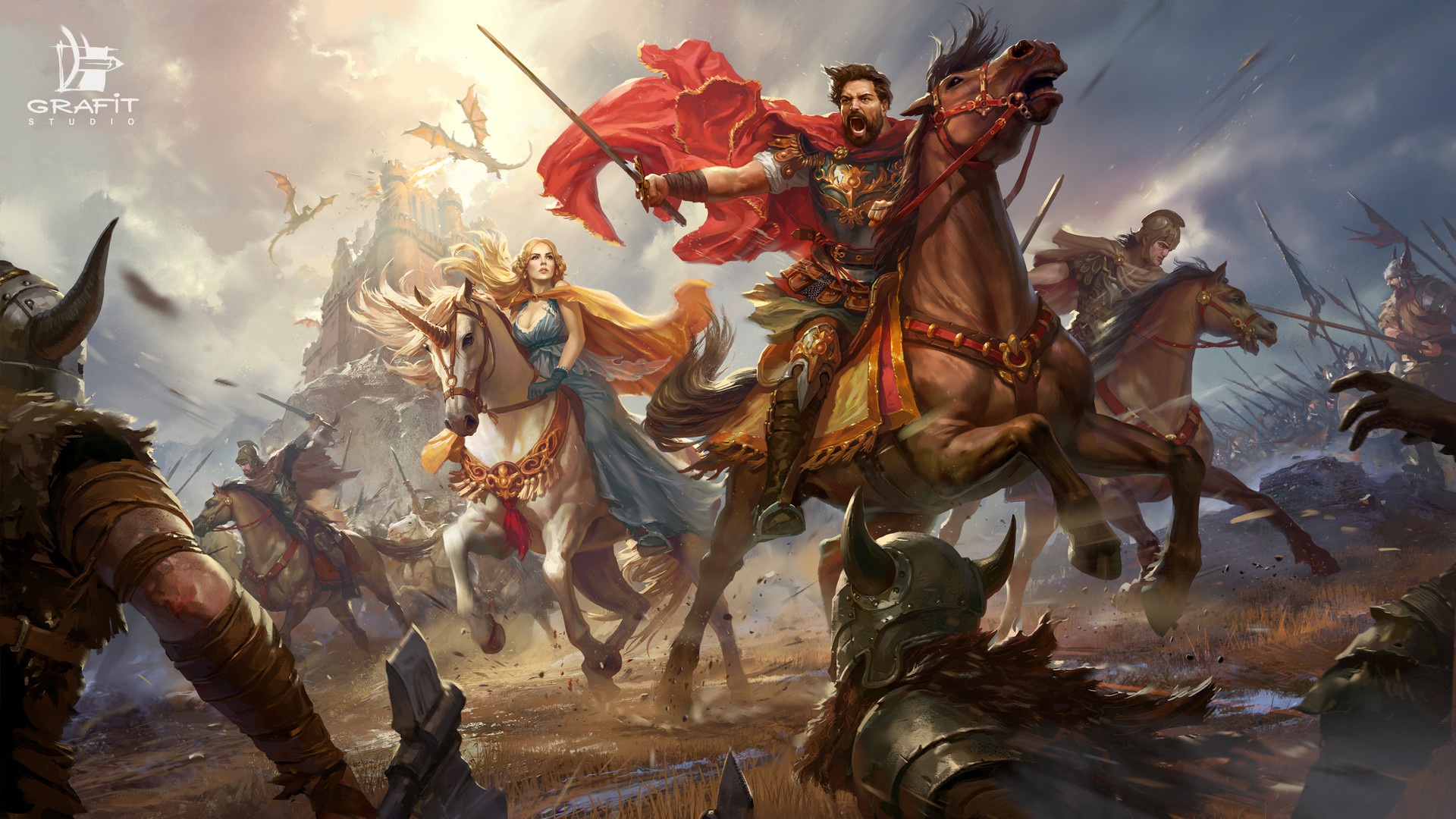 Free download wallpaper Fantasy, Dragon, Warrior, Horse, Blonde, Unicorn, Battle, Armor, Sword, Blue Dress on your PC desktop