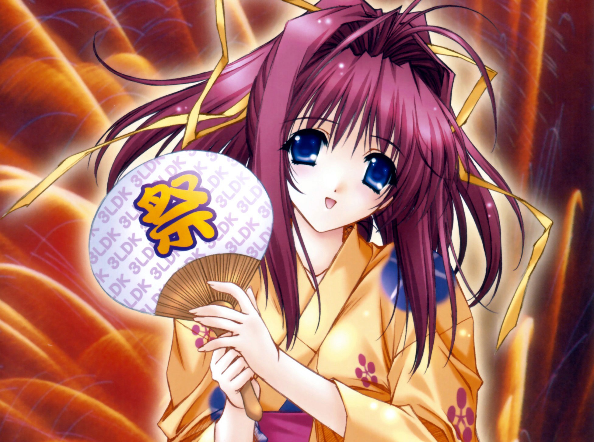 Download mobile wallpaper Anime, Fireworks, Ribbon, Fan, Blue Eyes, Original, Purple Hair, Ponytail for free.