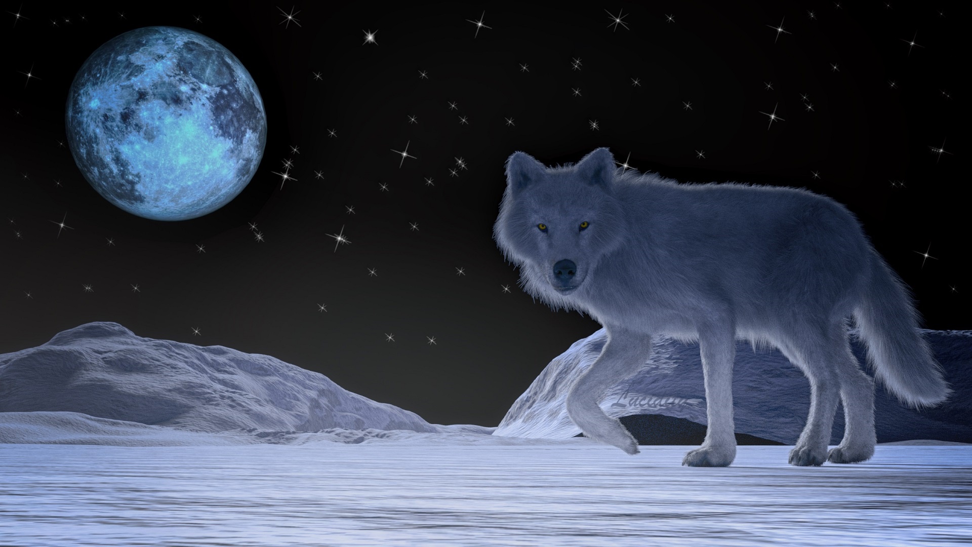 PCデスクトップに冬, ファンタジー, 狼, 満月, 白いオオカミ, ファンタジー動物画像を無料でダウンロード