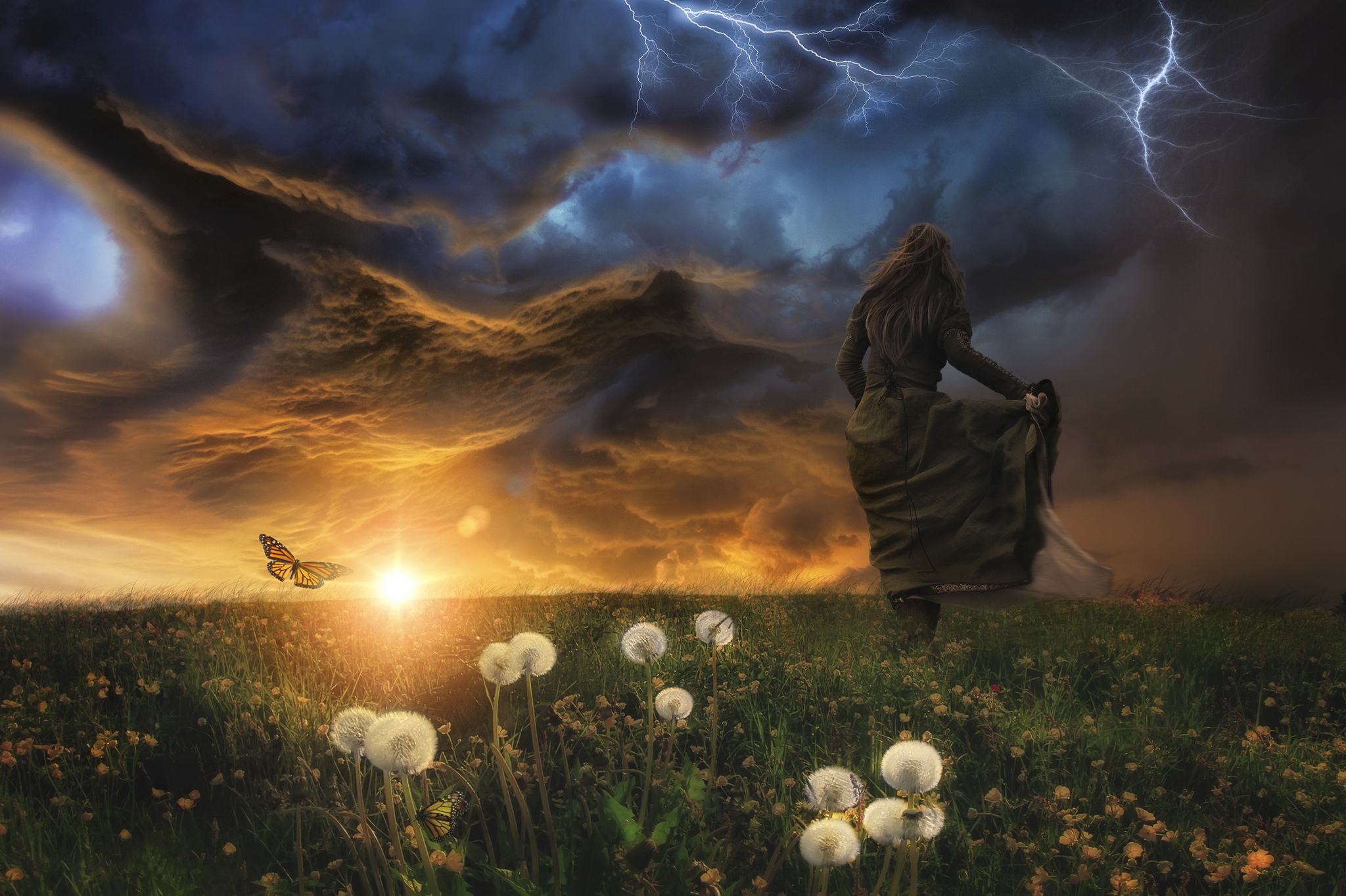 Download mobile wallpaper Fantasy, Lightning, Field, Storm, Dandelion, Women for free.