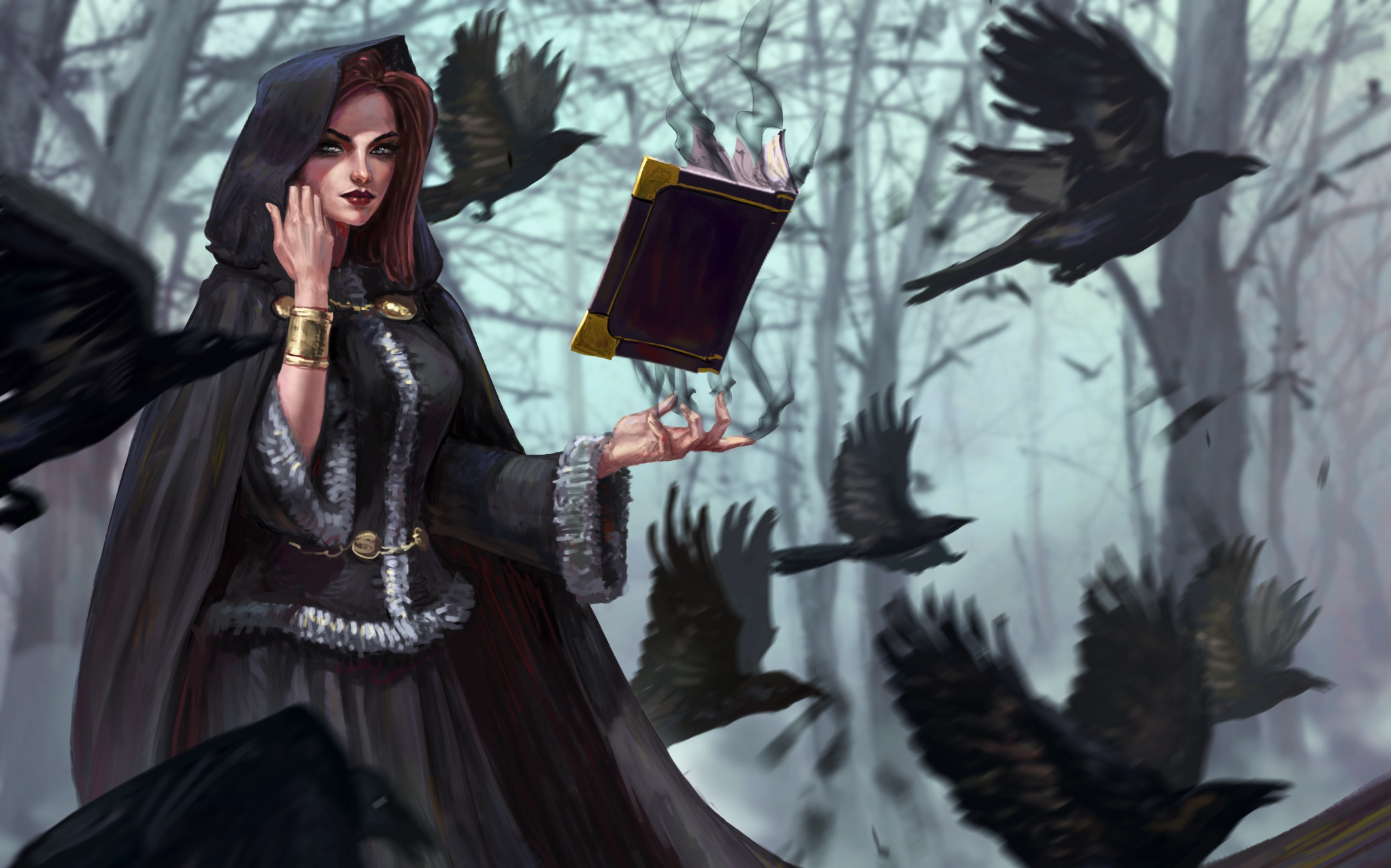 Free download wallpaper Magic, Fantasy, Book, Hood, Raven, Witch on your PC desktop