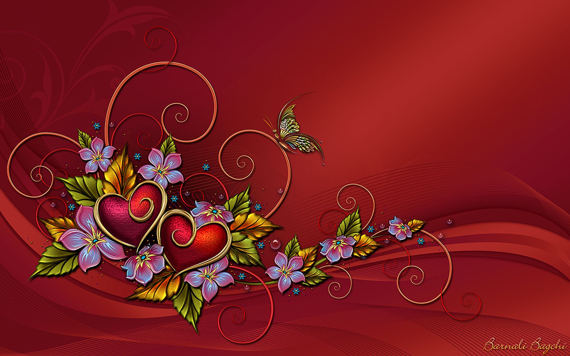 Скачать обои бесплатно Цветок, Красный, Бабочка, Дизайн, Сердце, Художественные картинка на рабочий стол ПК
