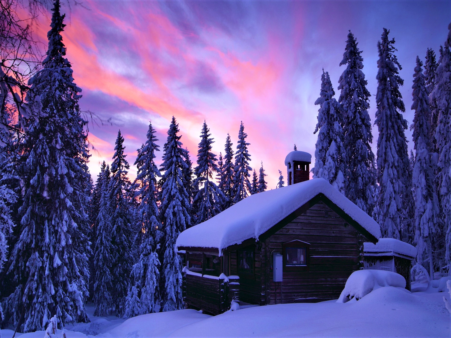 Laden Sie das Winter, Schnee, Wald, Baum, Hütte, Sonnenuntergang, Menschengemacht-Bild kostenlos auf Ihren PC-Desktop herunter