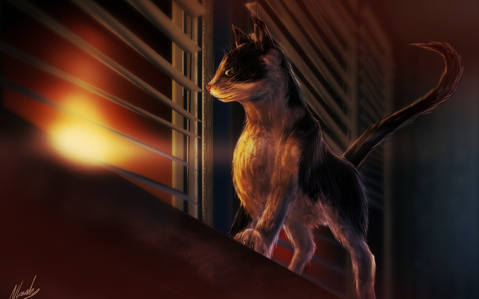 Download mobile wallpaper Night, Dark, Cat, Kitten, Window, Animal, Artistic, Cute for free.