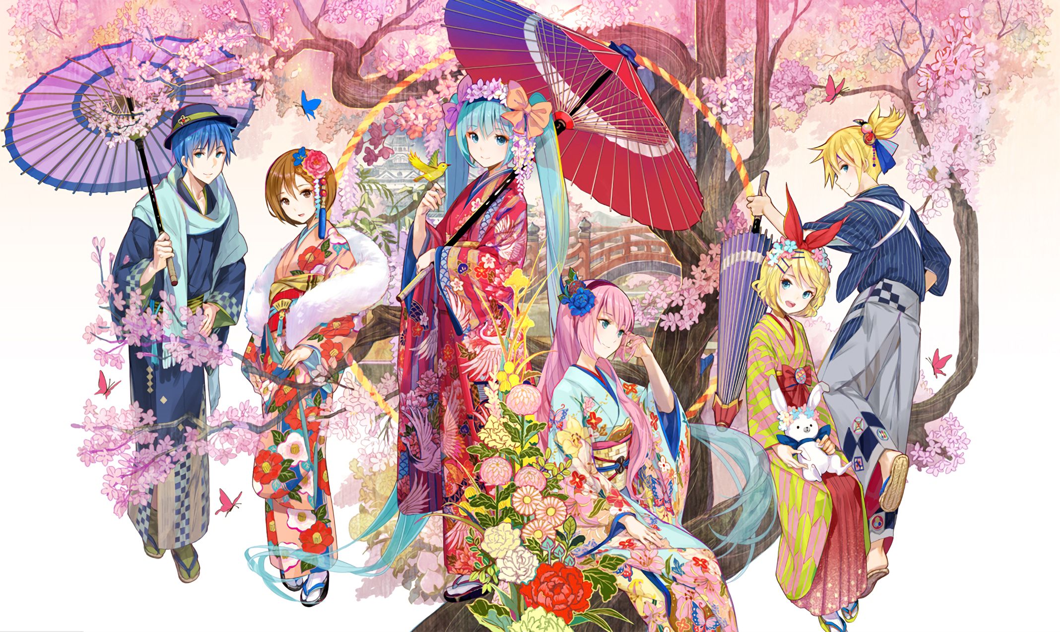 781887 скачать обои кимоно, аниме, вокалоид, мику хацунэ, кайто (вокалоид), лен кагамине, лука мегурине, мейко (вокалоид), рин кагамине - заставки и картинки бесплатно