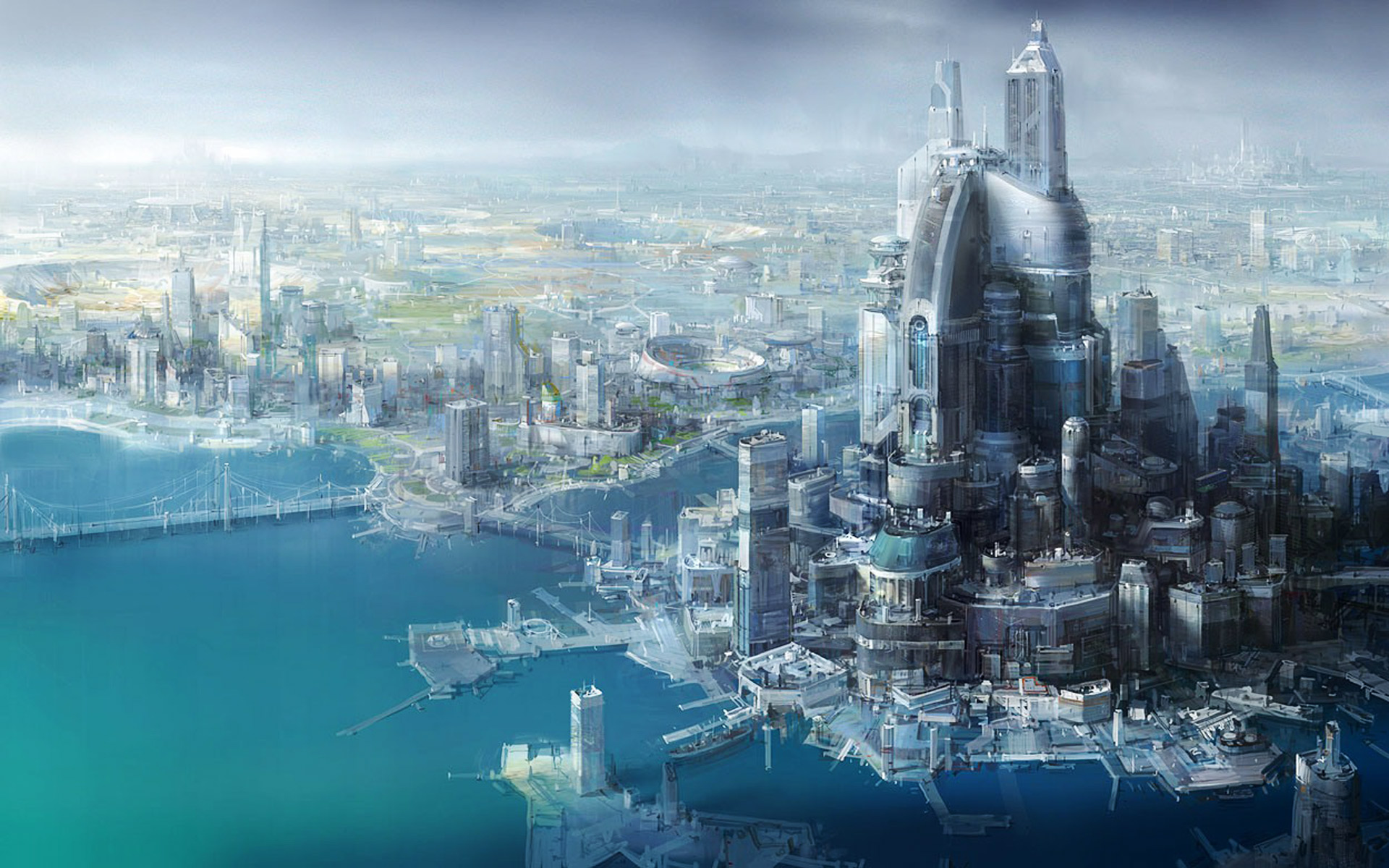 futuristic city, building, futuristic, sci fi, city, blue, cityscape, dock, fantasy, metropolis, ocean, skyscraper, star wars, water