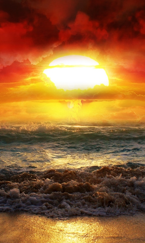 Download mobile wallpaper Sunset, Sun, Beach, Ocean, Wave, Photography, Manipulation for free.