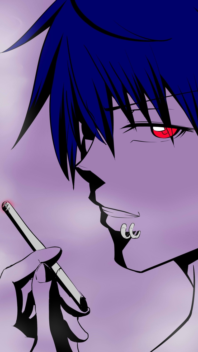 Download mobile wallpaper Anime, Original, Blue Hair, Red Eyes, Cigarette, Smoking for free.