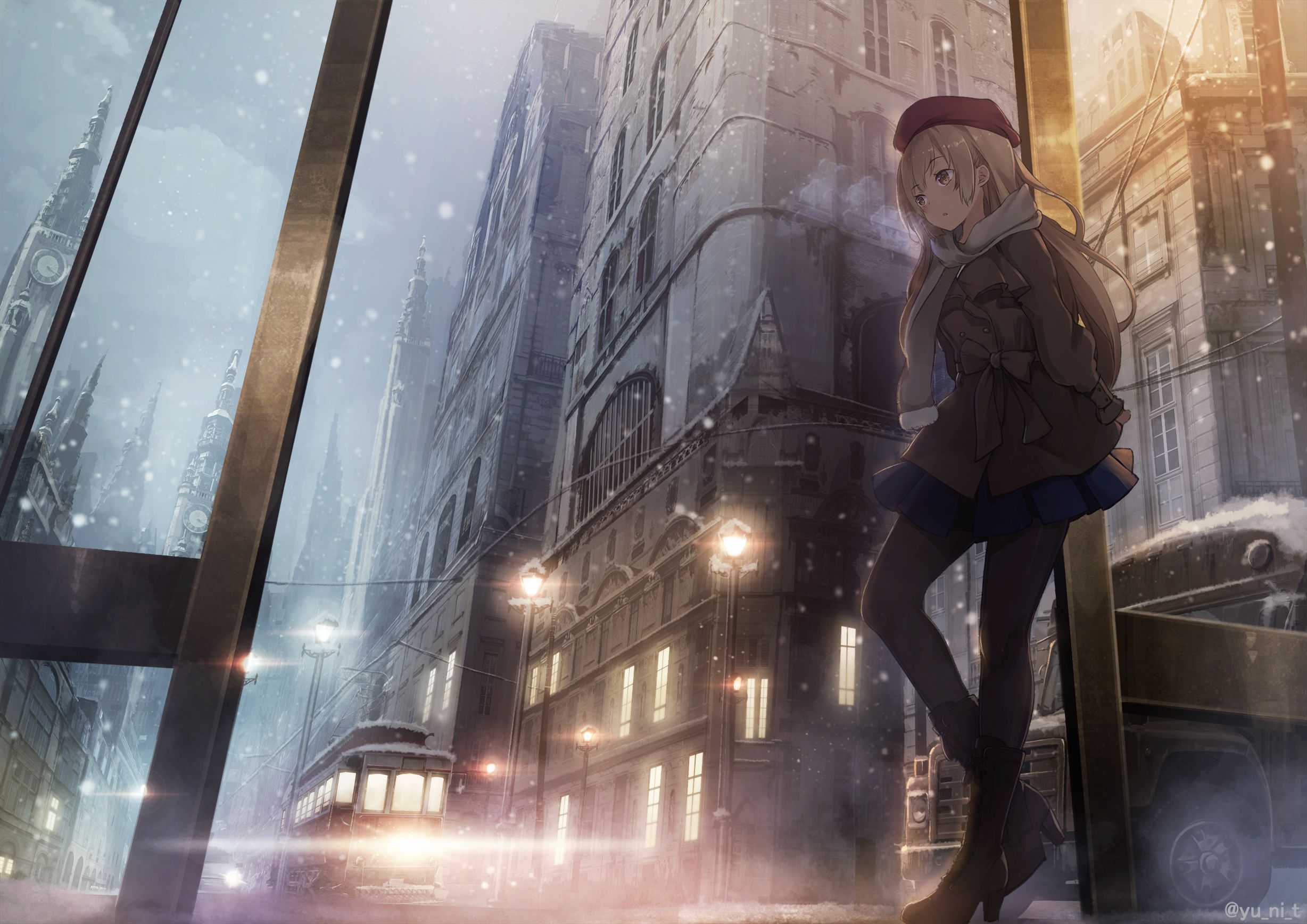 Download mobile wallpaper Anime, Snow, City, Blonde, Hat, Yellow Eyes, Scarf, Original, Long Hair for free.