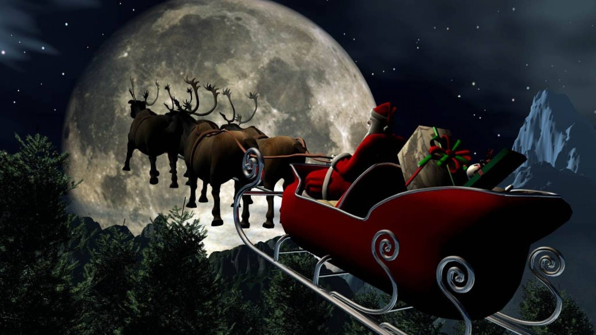 Скачати мобільні шпалери Зірки, Санта Клаус, Ніч, Місяць, Різдво, Свято, Подарунок, Сани, Північний Олень безкоштовно.