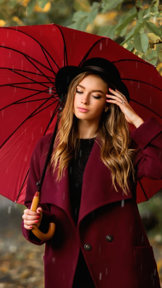 Download mobile wallpaper Rain, Umbrella, Hat, Brunette, Coat, Model, Women, Depth Of Field for free.