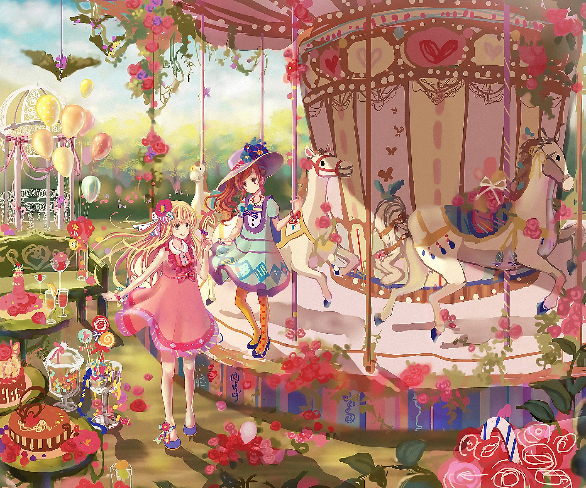 Download mobile wallpaper Anime, Flower, Blonde, Hat, Dress, Amusement Park, Original, Brown Hair, Thigh Highs for free.