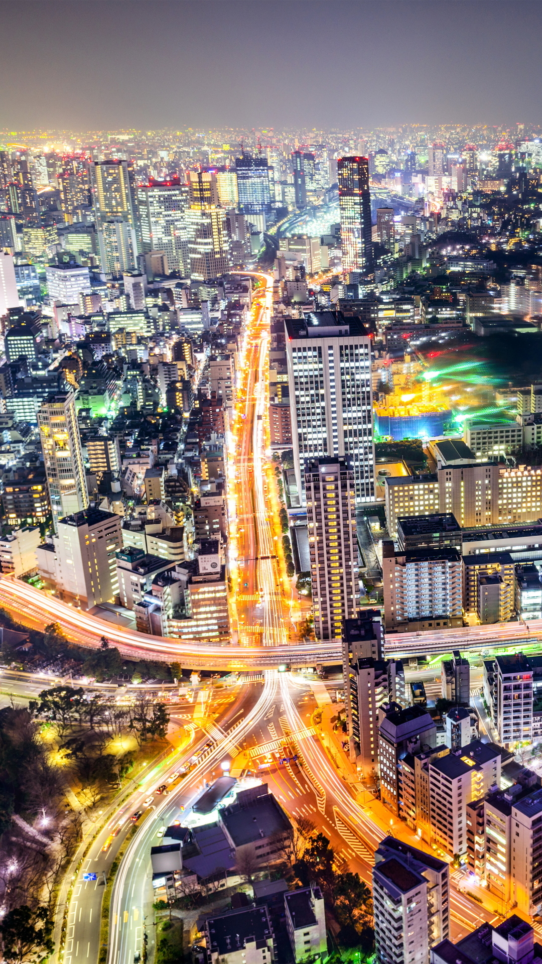 Download mobile wallpaper Cities, Night, City, Building, Horizon, Light, Road, Japan, Cityscape, Tokyo, Aerial, Man Made, Time Lapse for free.