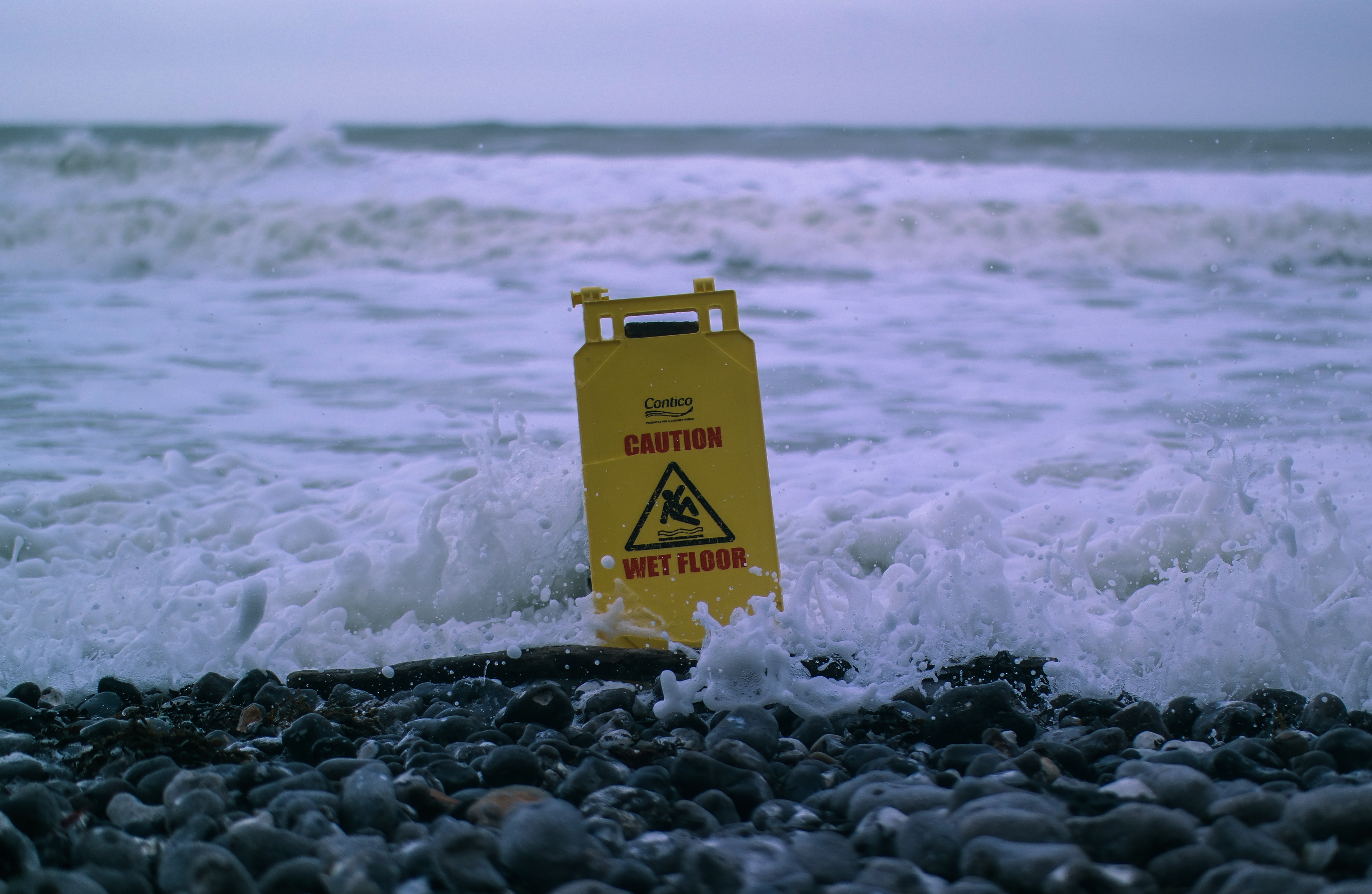 sign, nature, stones, sea, foam, caution Full HD