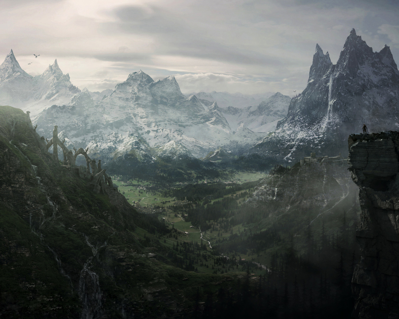 Free download wallpaper Mountain, Waterfall, Forest, Dragon, Ruin, Video Game, Castle, Skyrim, The Elder Scrolls V: Skyrim, The Elder Scrolls on your PC desktop