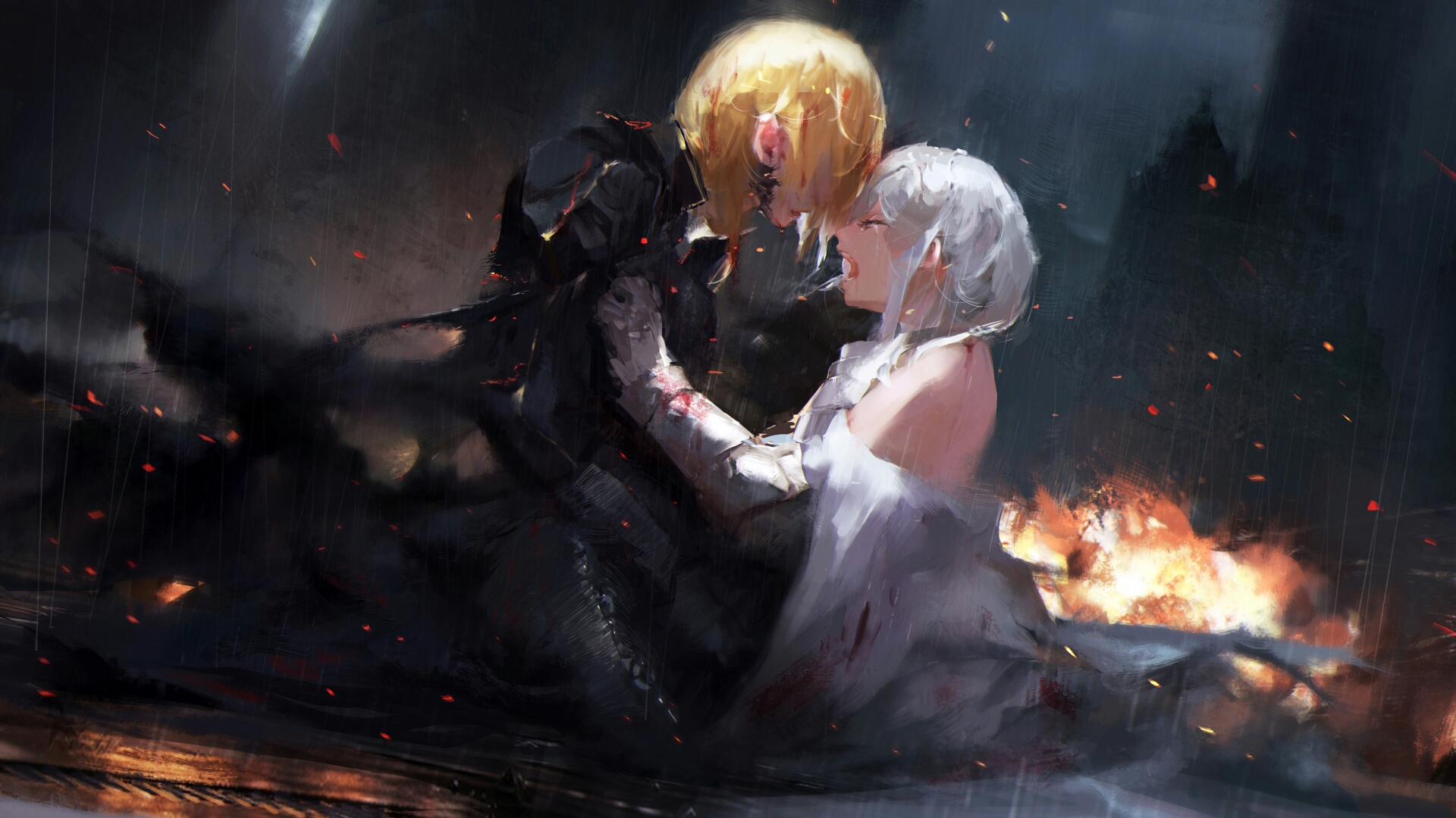 Download mobile wallpaper Anime, Rain, Fire, Blonde, Saber (Fate Series), White Hair, Artoria Pendragon, Fate/grand Order, Crying, Jeanne D'arc (Fate Series), Ruler (Fate/apocrypha), Fate Series for free.
