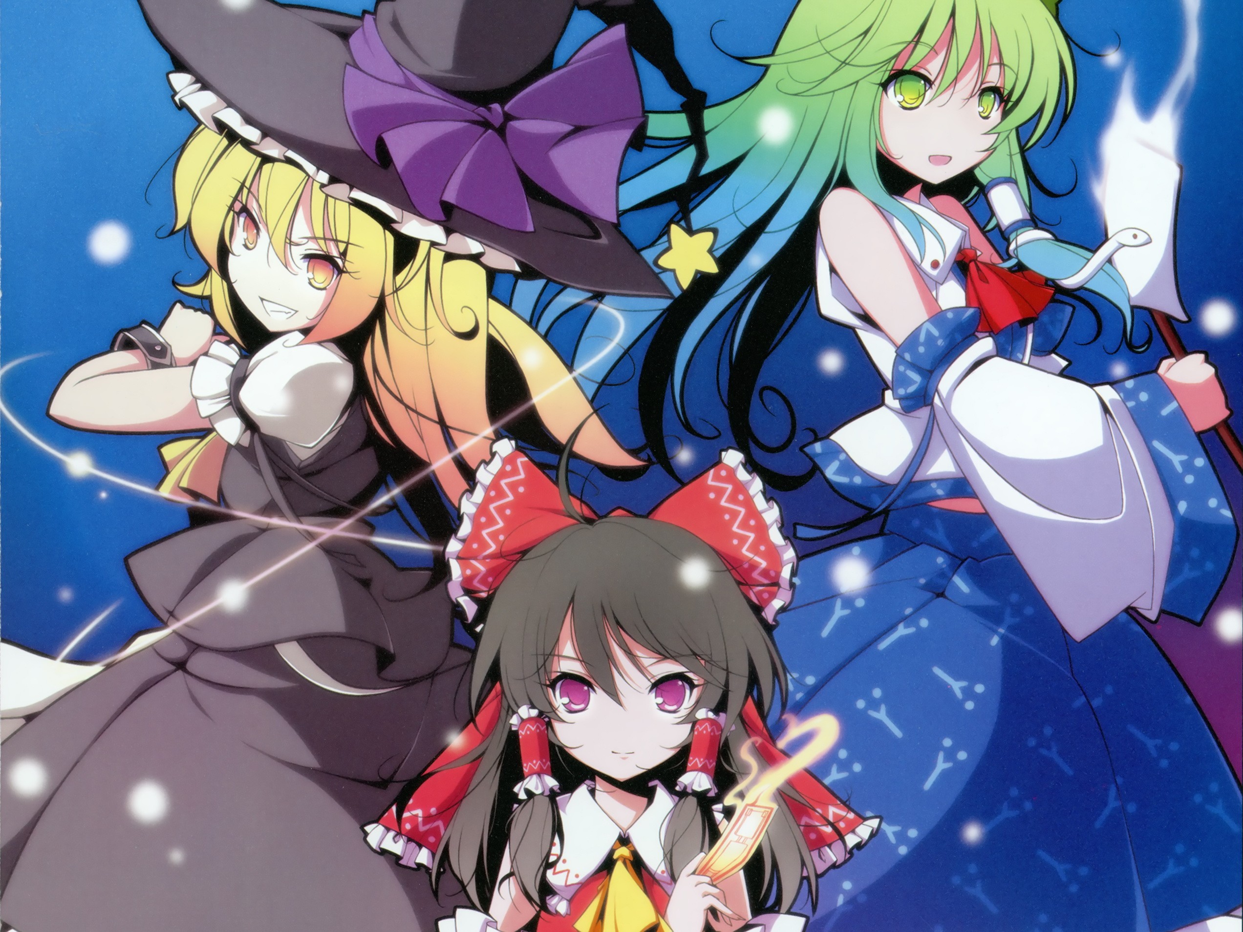 Laden Sie das Animes, Tuhu, Sanae Kochiya, Reimu Hakurei, Marisa Kirisame-Bild kostenlos auf Ihren PC-Desktop herunter