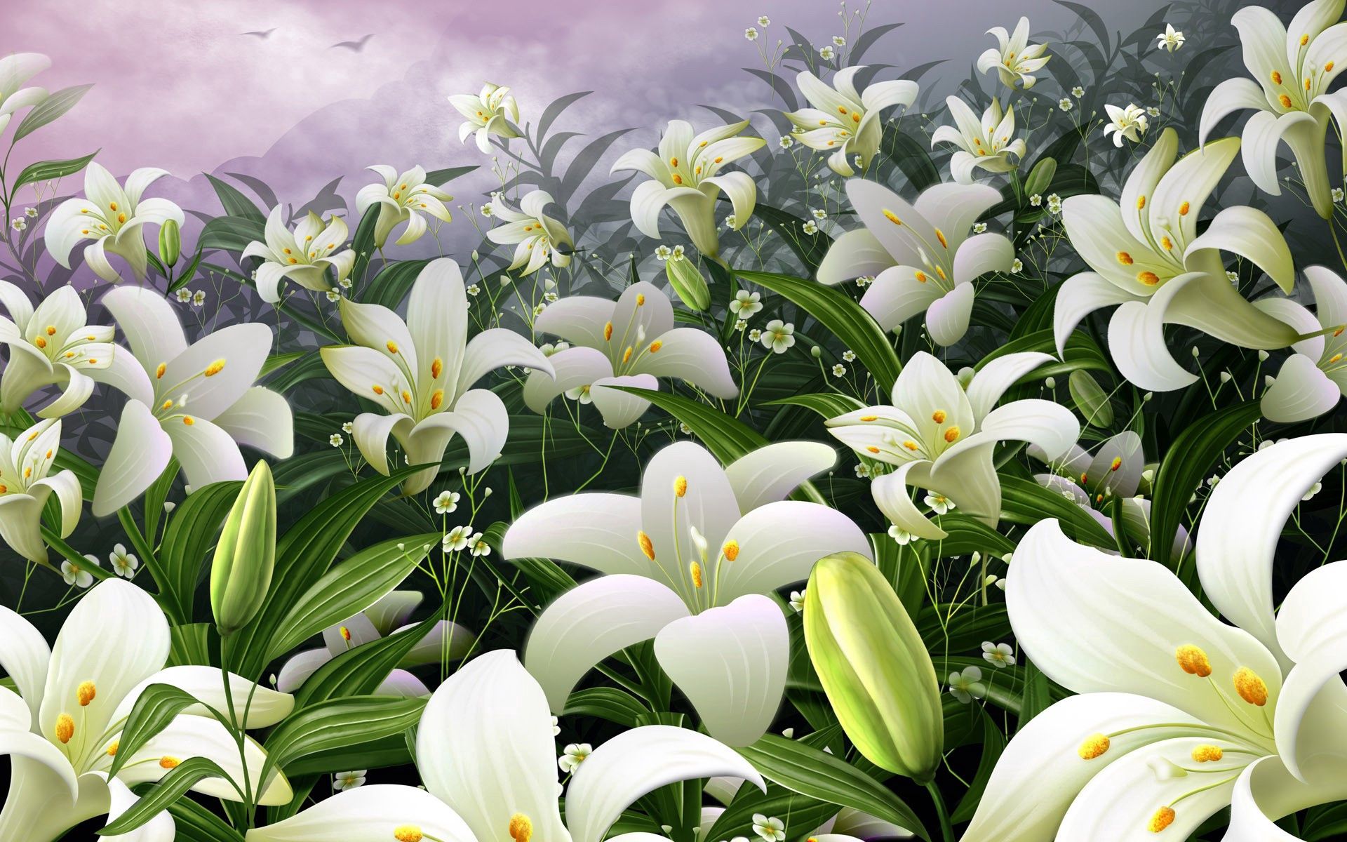 102794 скачать обои лилии, поляна, цветы, бутон, небо, тычинки - заставки и картинки бесплатно